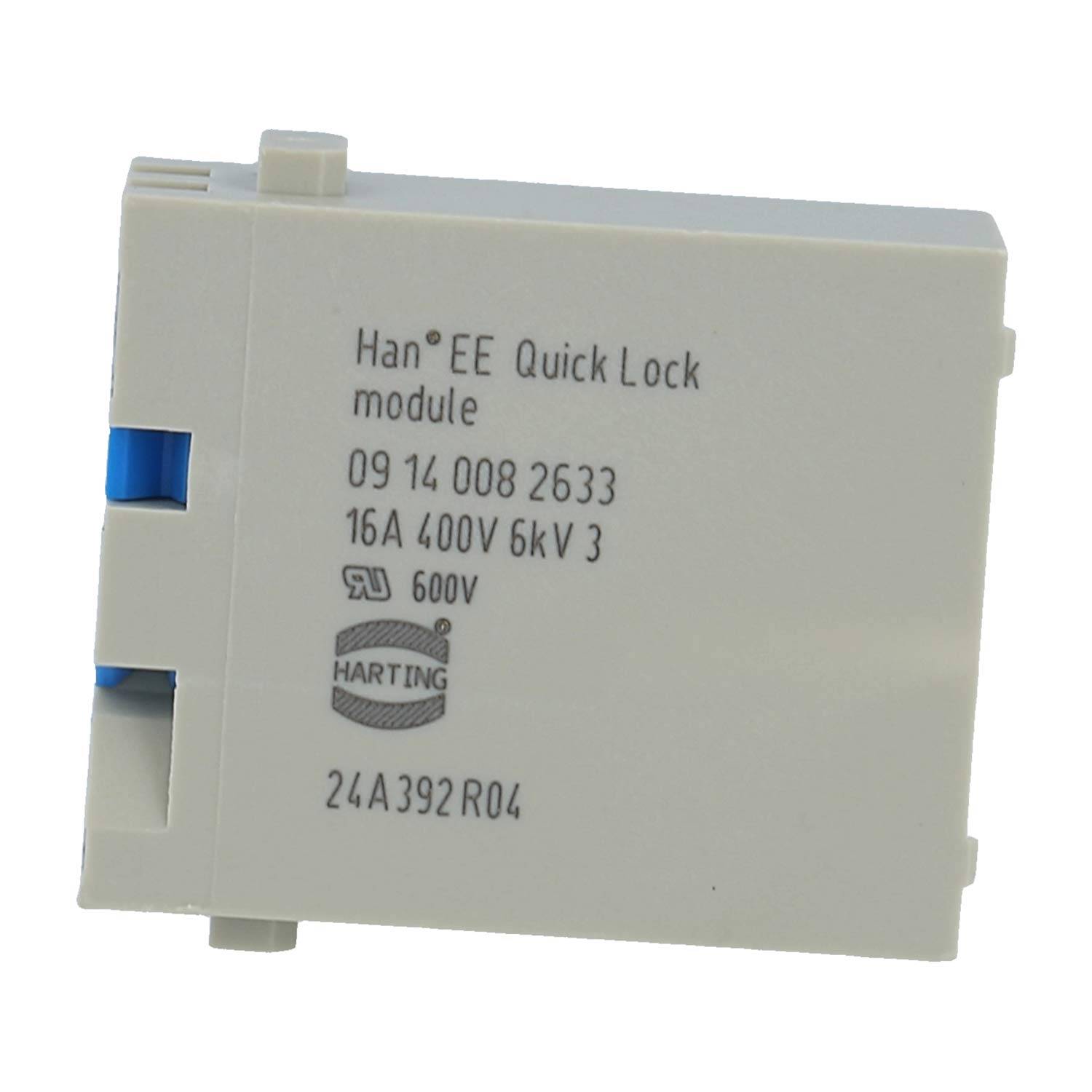 Weißes Han EE Quick Lock Modulelektroverbinder mit blauer Verriegelung, gekennzeichnet mit 0914 008 2633 und HARTING.
