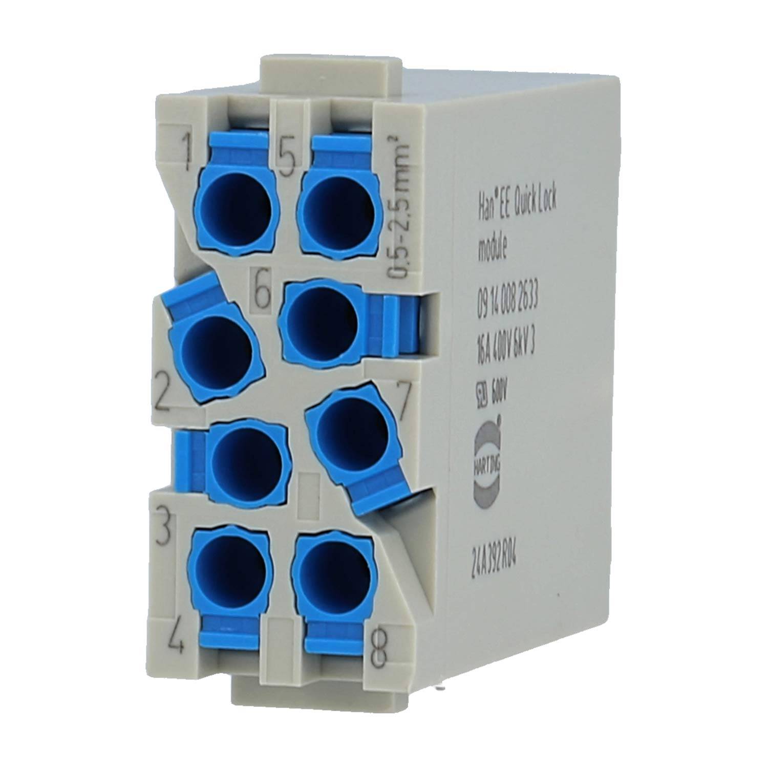 Nahaufnahme eines grauen Elektroklemmenblocks mit blauen Drahteingangsanschlüssen, nummerierten Anschlusspunkten und seitlicher Beschriftung mit 'Top'r? '5?mm²' und Teile-Spezifikationen.