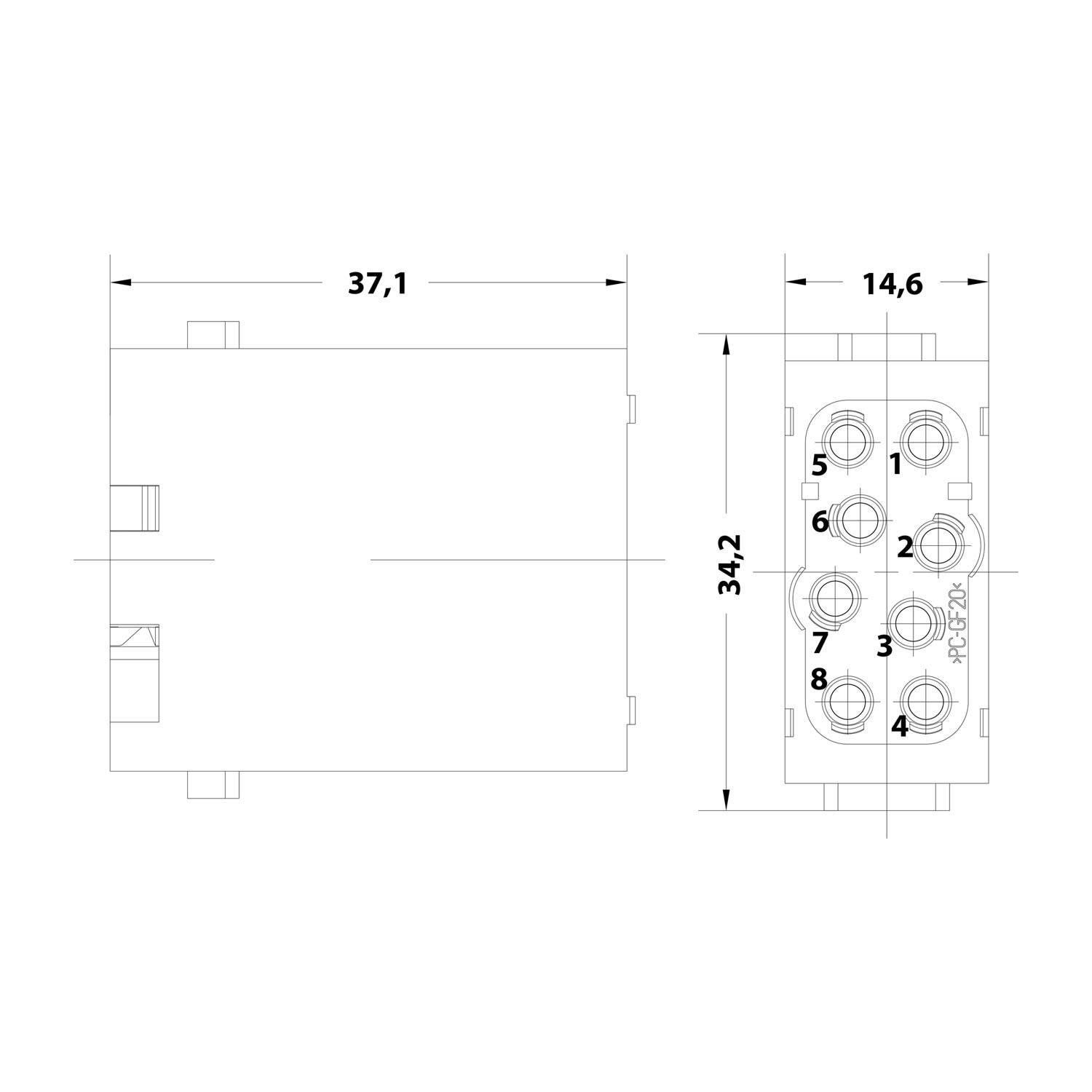 Technische Zeichnung eines rechteckigen Steckers mit Vorder- und Seitenansicht mit den Abmessungen 37,1, 34,2 und 14,6 sowie acht nummerierten Stiftpositionen.