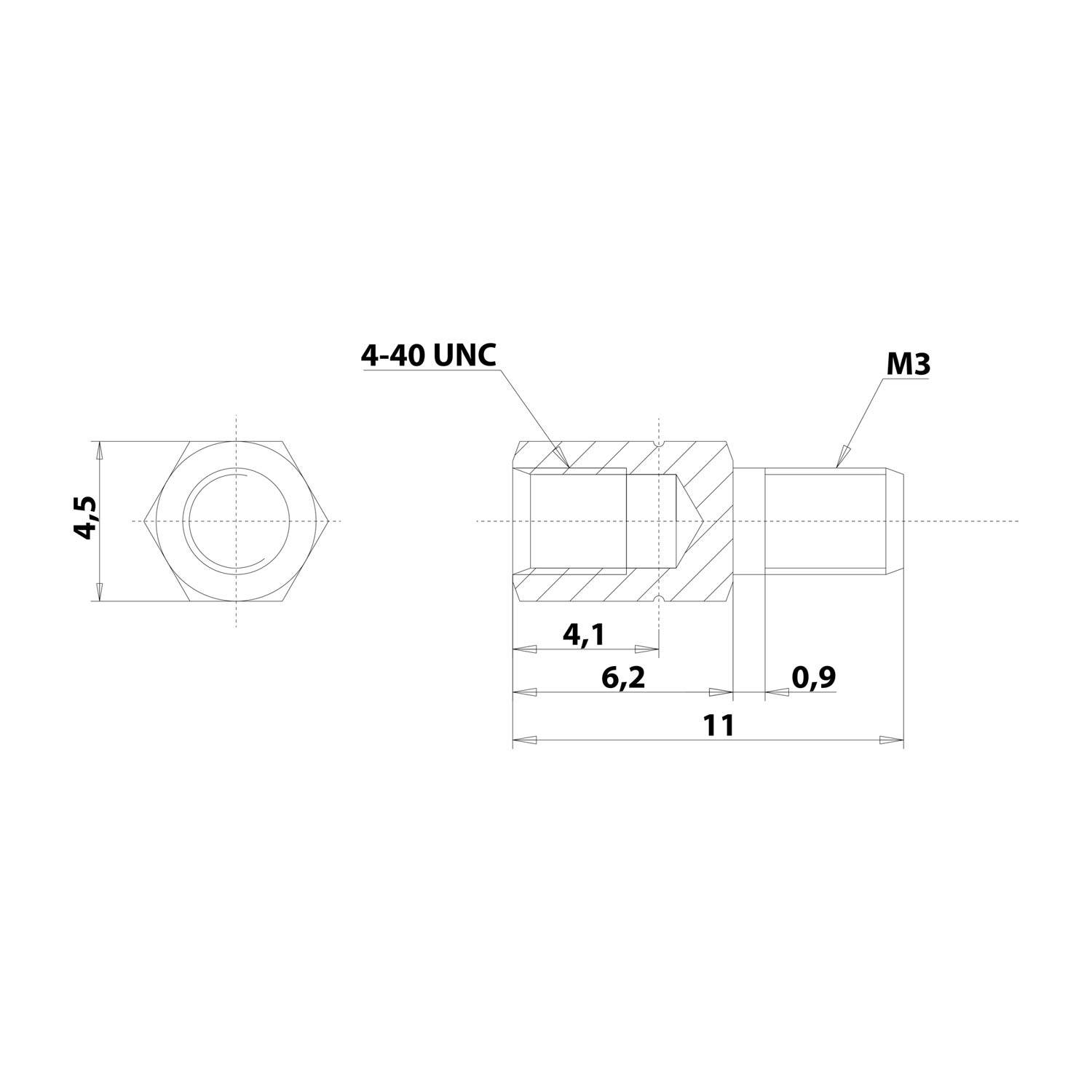 Technische Zeichnung einer Sechskantmutter/Einsatz mit Beschriftungen "4-40 UNC"" und ""M3"", zeigt Vorder- und Seitenansicht mit Abmessungen 4,5, 4,1, 6,2, 0,9 und 11.