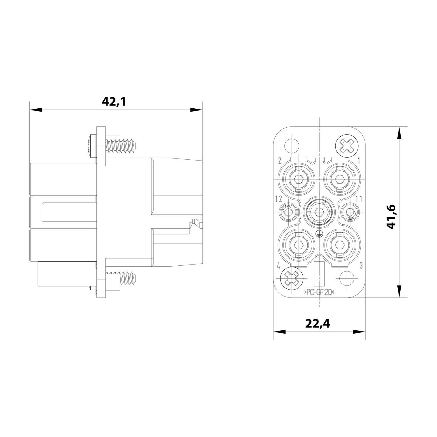 Technische Zeichnung eines rechteckigen Elektrosteckers, mit Seiten- und Vorderansicht mit Abmessungen von 42,1 mm Breite, 41,6 mm Höhe und 22,4 mm Tiefe.