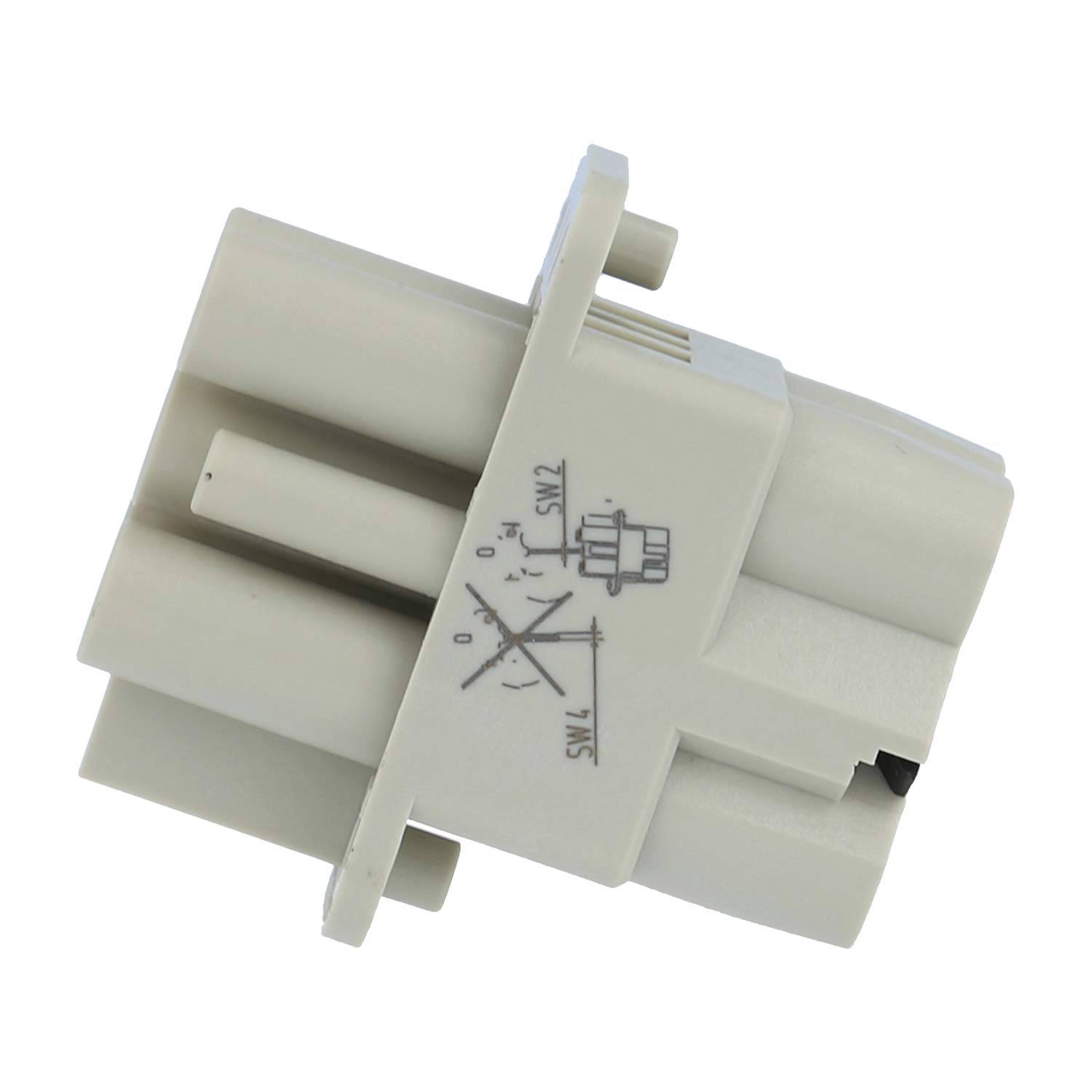 Weißer Elektrosteckverbinder mit aufgedrucktem Schaltplan auf einfachem Hintergrund.