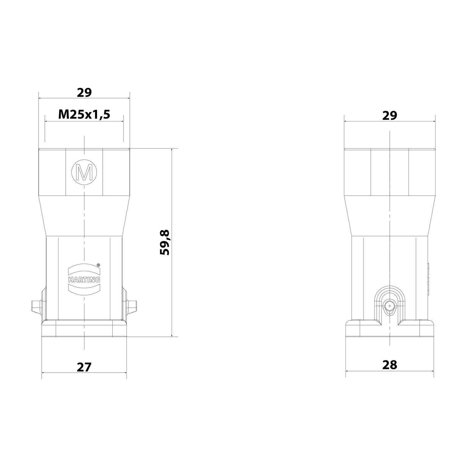 HARTING Han 3A Tüllengehäuse ohne eingeklebte Dichtung, 1xM25 gerader Kabelabgang, für 1 Bügel (am Unterteil) Schutzart