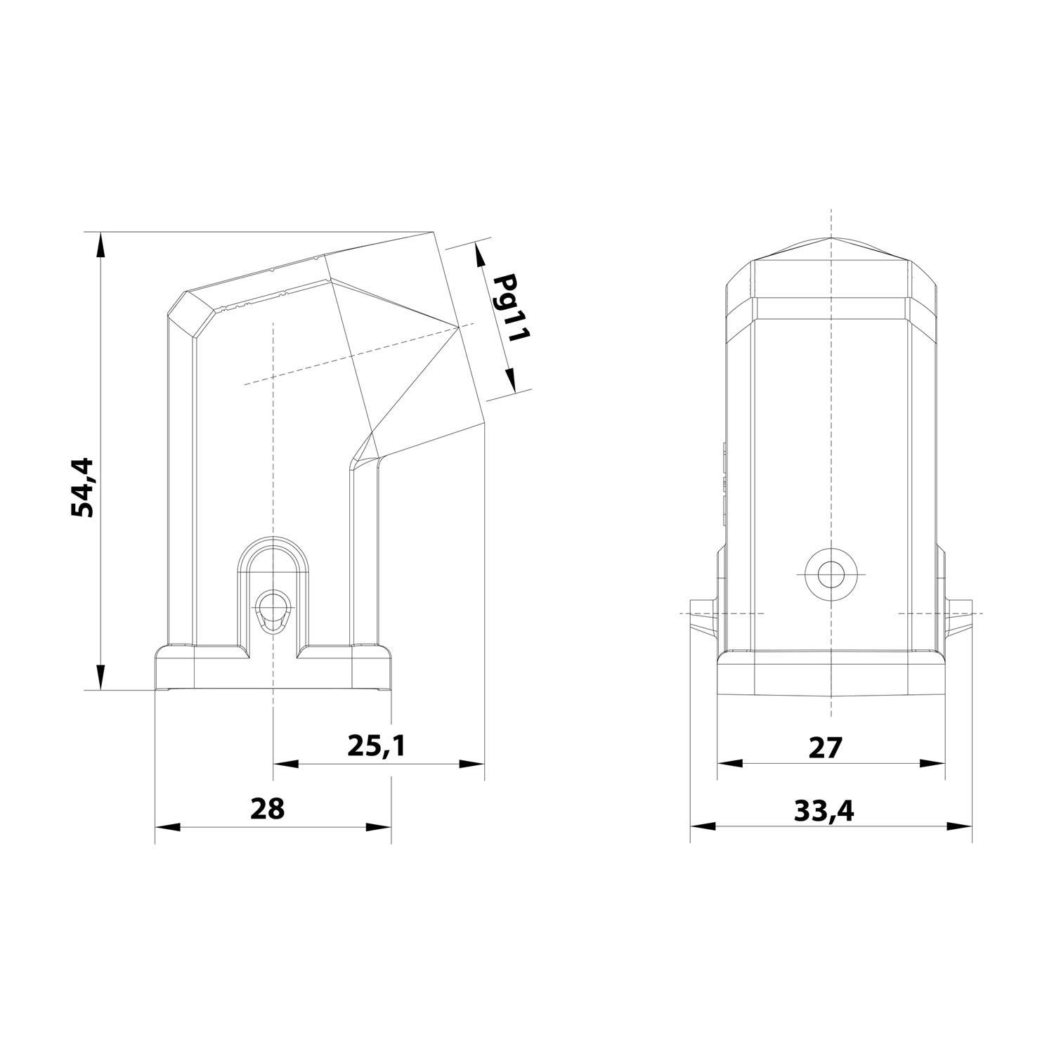 HARTING Han 3A Tüllengehäuse ohne eingeklebte Dichtung, 1xPG11 seitlicher Kabelabgang, für 1 Bügel (am Unterteil)