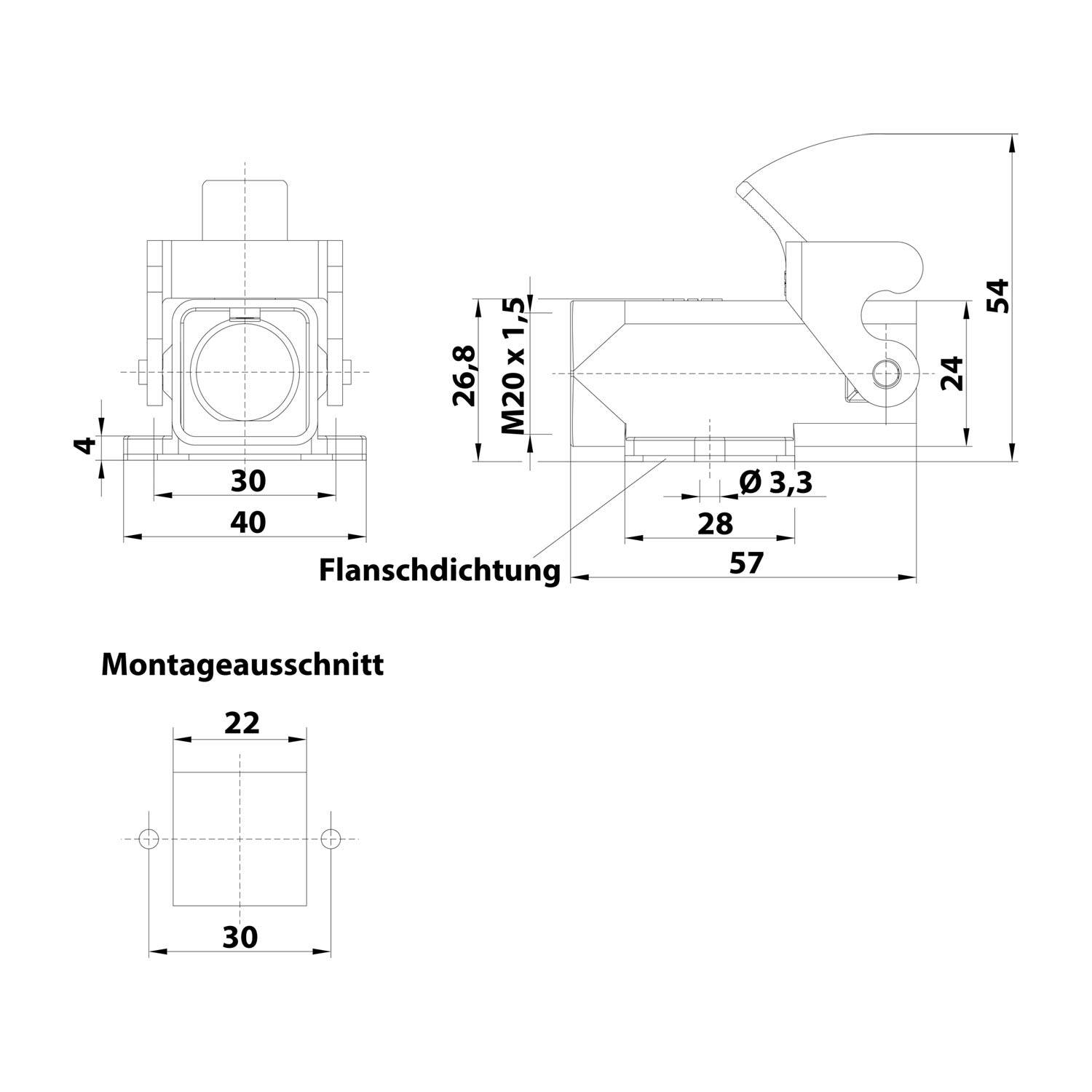 HARTING Han 3A Sockelgehäuse mit offenem Boden, 1xM20 gerader Kabelabgang, mit 1 Bügel Verschraubung M20 Klemmbereich