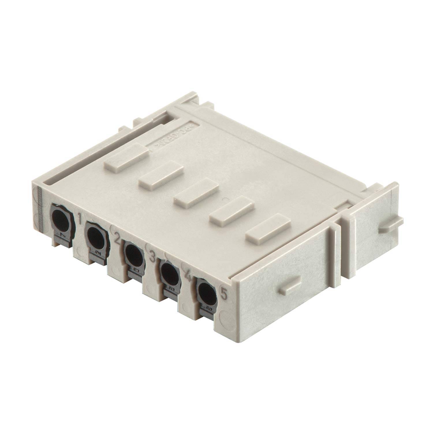 Weißes Kunststoff-Glasfaserstecker-Modul mit fünf nummerierten Anschlüssen und Verriegelungslaschen, gezeigt auf einfachem Hintergrund.