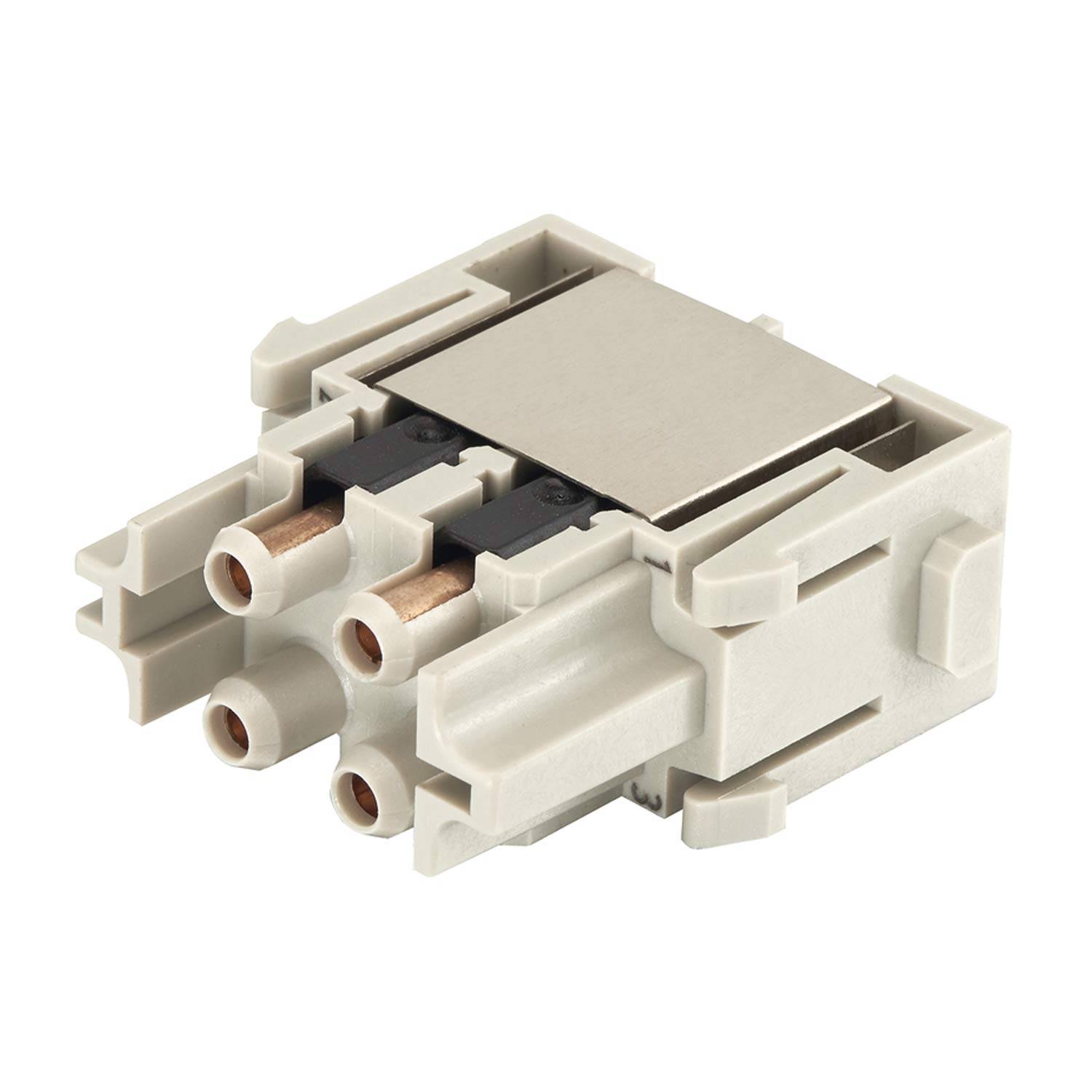 Nahaufnahme eines beigen Elektrosteckermoduls mit vier kupferausgekleideten Anschlüssen auf weißem Hintergrund.