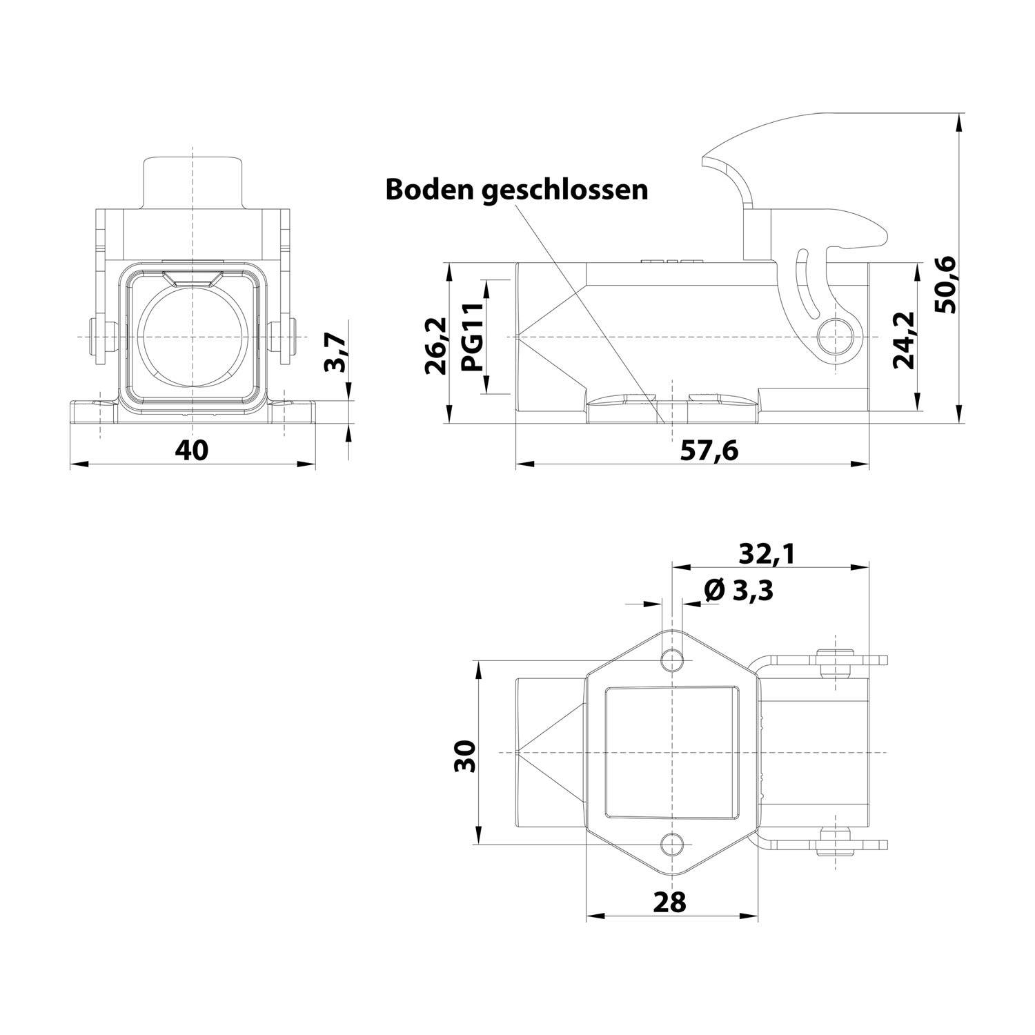Technische Maßzeichnung eines mechanischen Bauteils mit der Bezeichnung 'Boden geschlossen', dargestellt in Vorder-, Seiten- und Draufsicht mit Abmessungen in Millimetern.