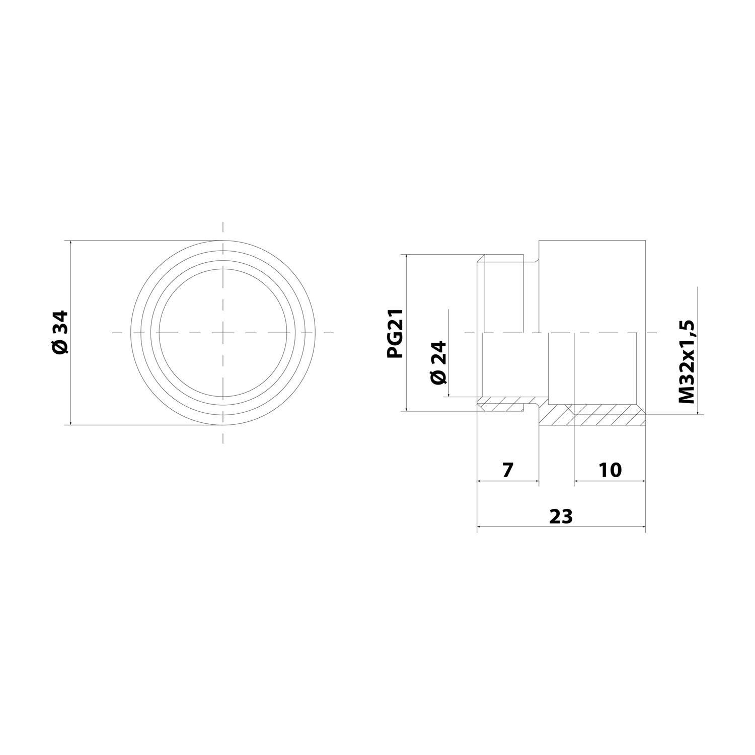 Technische Maßzeichnung einer kreisförmigen Gewindeverbindung, die Vorder- und Seitenansichten mit Abmessungen Ø34, PG21, Ø24, M32x1,5 und Längen 7, 10, 23 zeigt.