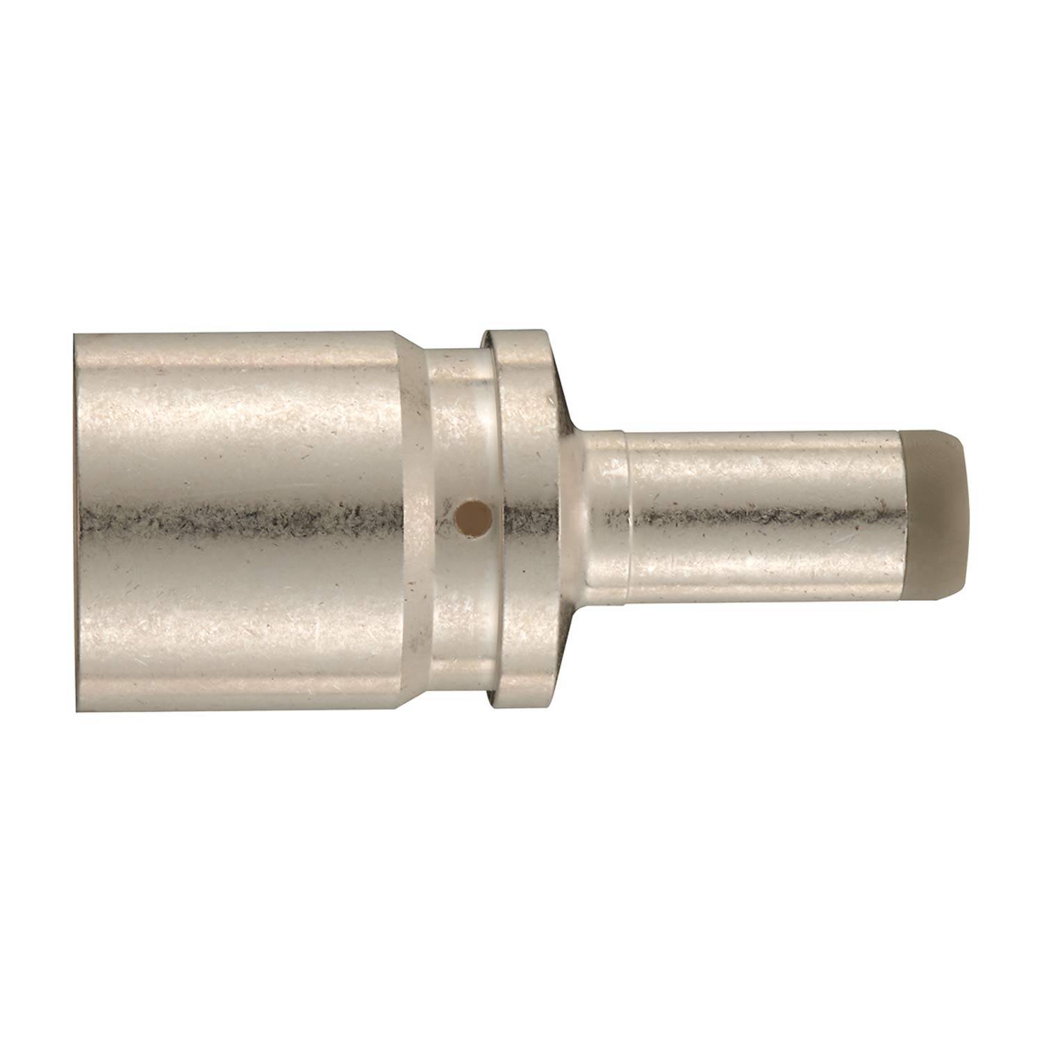 Silberner metallischer zylindrischer Werkzeugverbinder mit größerem Körper, schmaler Welle und dunkler Spitze auf weißem Hintergrund.