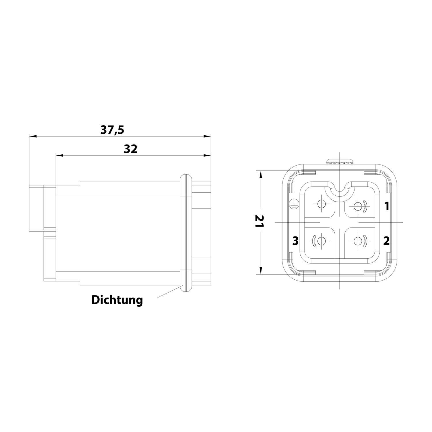 Technische Zeichnung eines rechteckigen Steckers mit Dichtung, Seiten- und Vorderansicht dargestellt, Abmessungen 37,5 x 32 x 21, sowie Stiftnummern 1, 2, 3, plus 4 auf der Vorderseite.