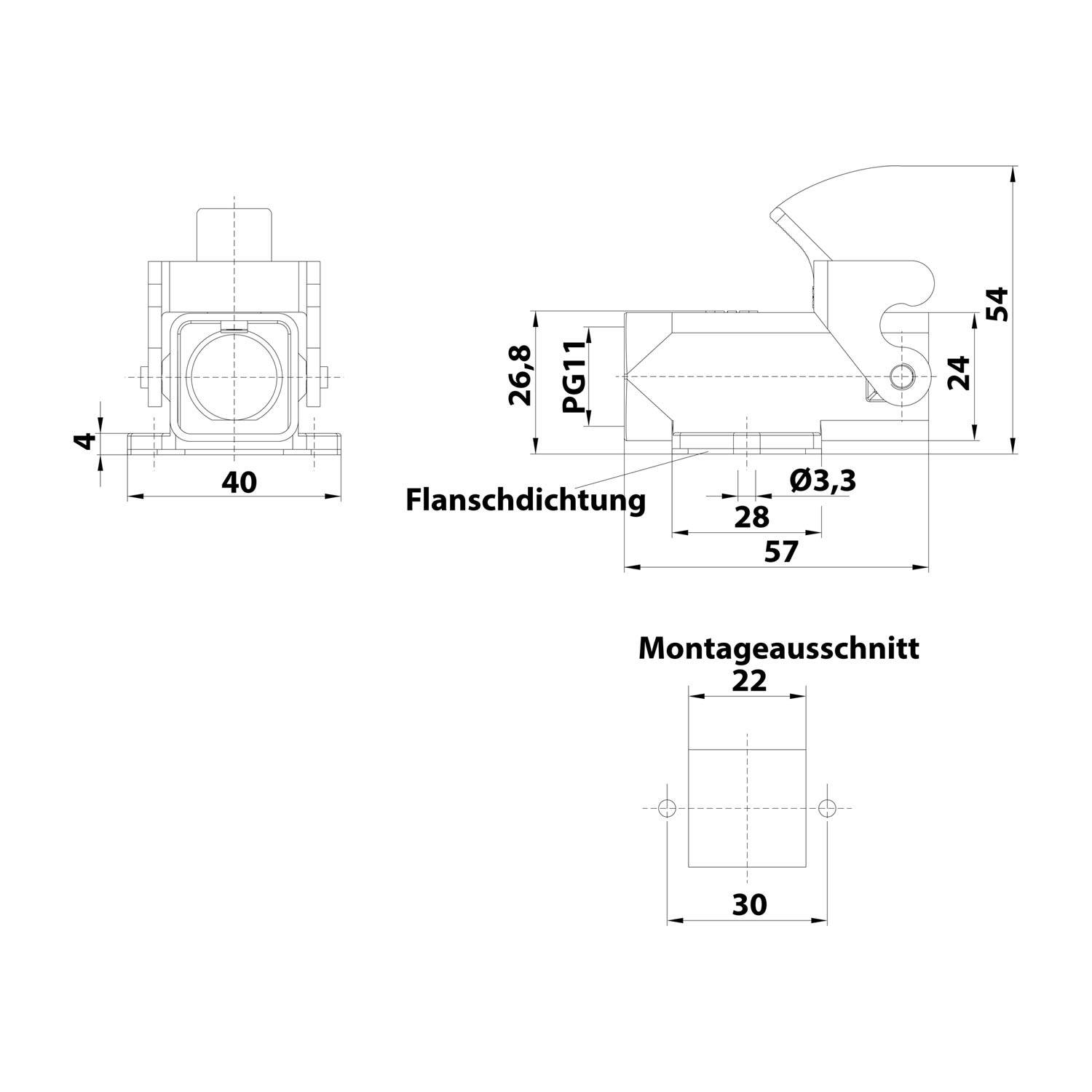 HARTING Han 3A Sockelgehäuse mit offenem Boden, 1xPG11 gerader Kabelabgang, mit 1 Bügel Verschraubung PG11 Klemmbereich