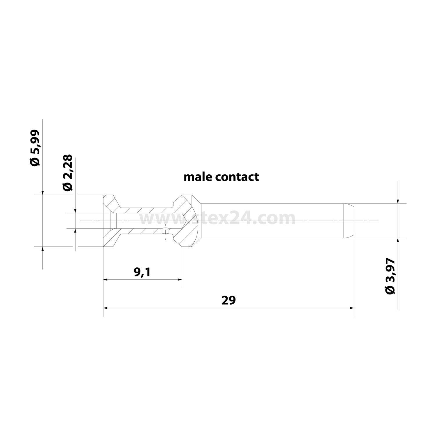 Technische Strichzeichnung eines männlichen Kontaktstifts mit bezeichneten Abmessungen: 29 mm Länge, 9,1 mm Abschnitt, Durchmesser Ø5,99, Ø2,28 und Ø3,97.