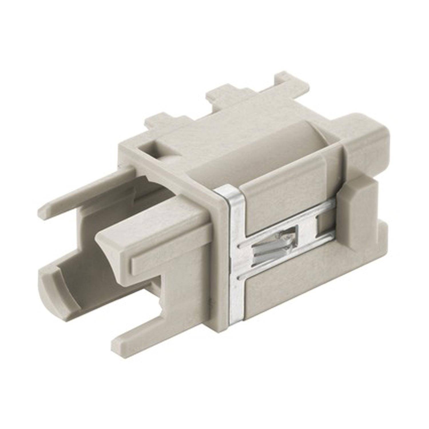 Beige Glasfaser-Steckerverbinder mit Metallclip, dargestellt auf weißem Hintergrund.