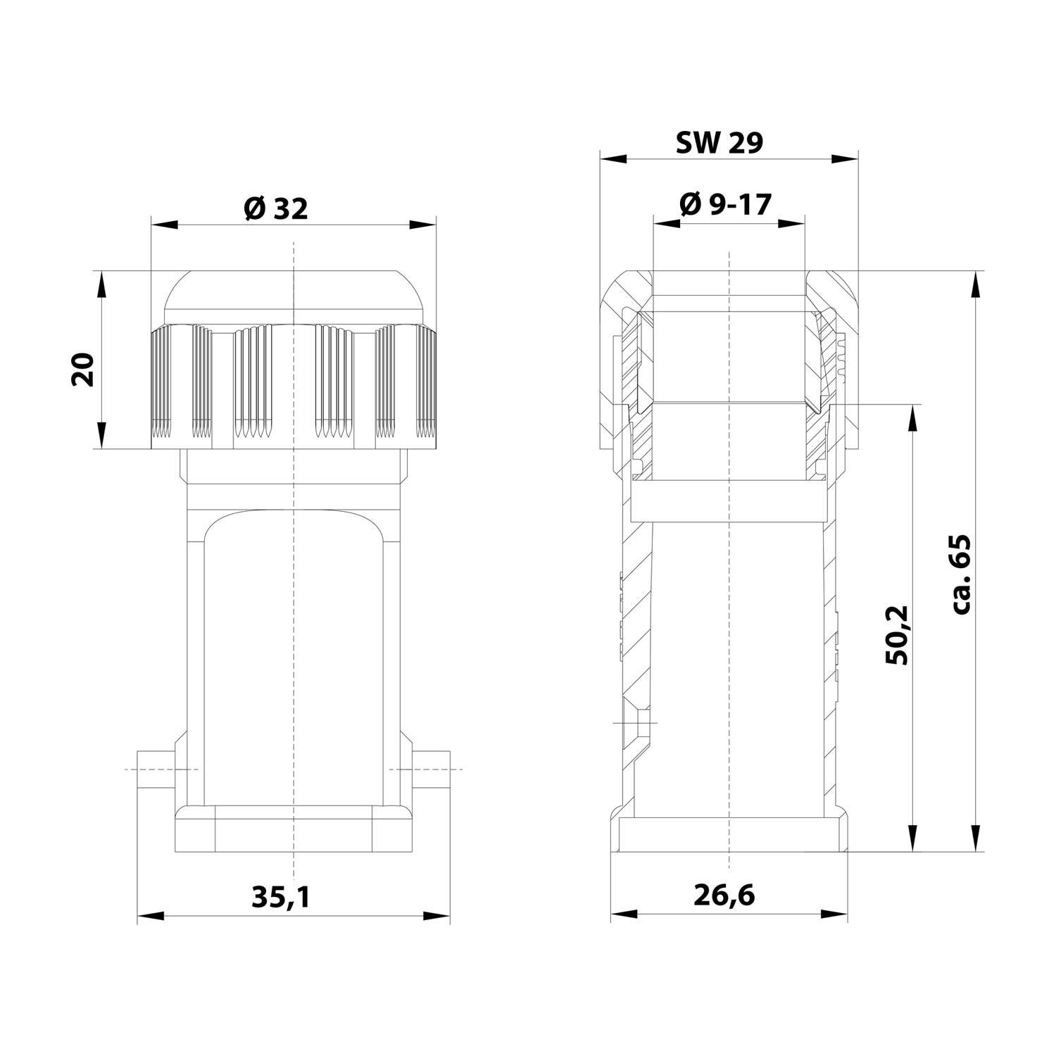 HARTING Han 3A Tüllengehäuse ohne eingeklebte Dichtung, 1xM25 gerader Kabelabgang, für 1 Bügel (am Unterteil)