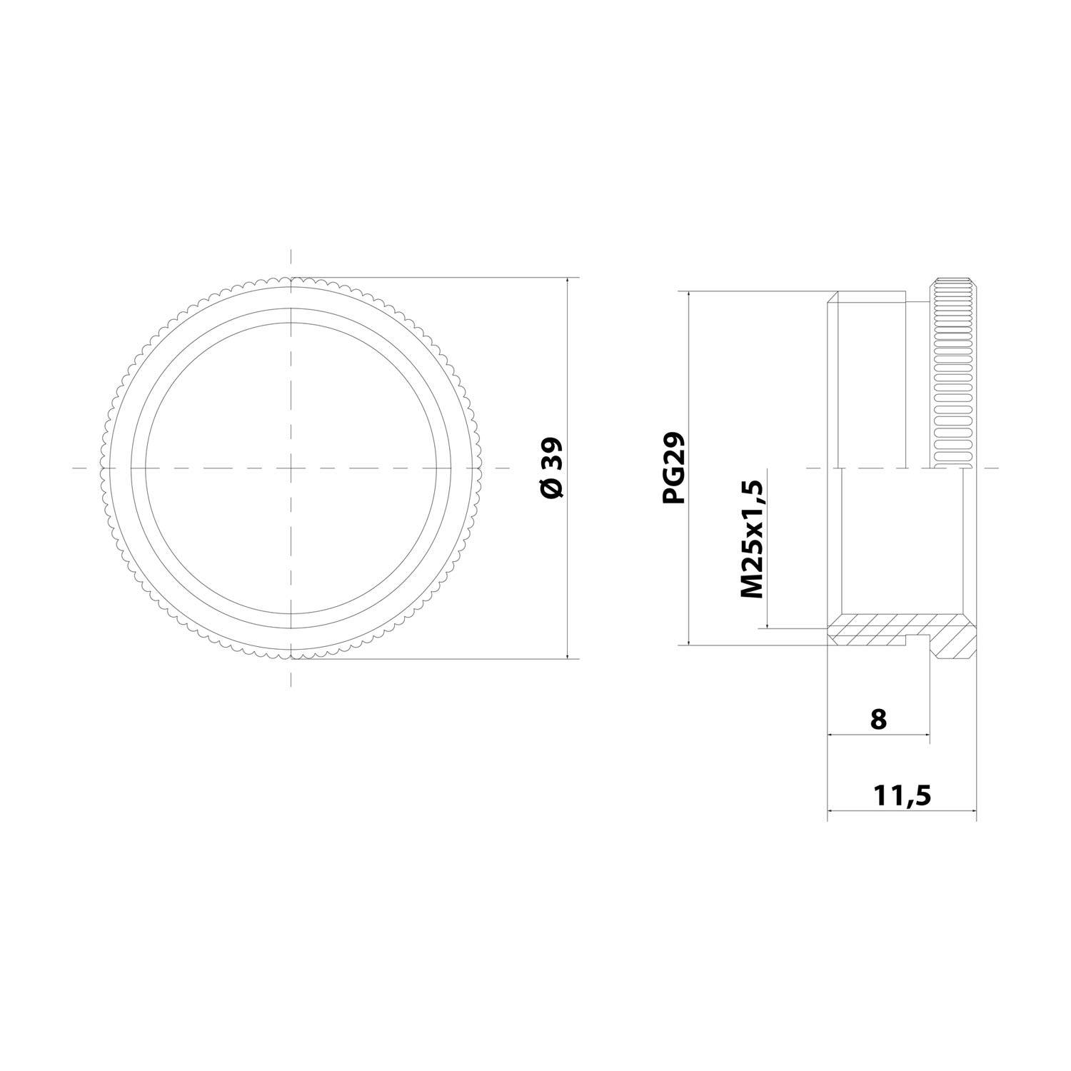 Technische Zeichnung einer kreisförmigen Verschlusskappe oder eines Rings mit Gewinde mit den Abmessungen Ø39, PG29 und M25x1,5; Breite 11,5 und 8.