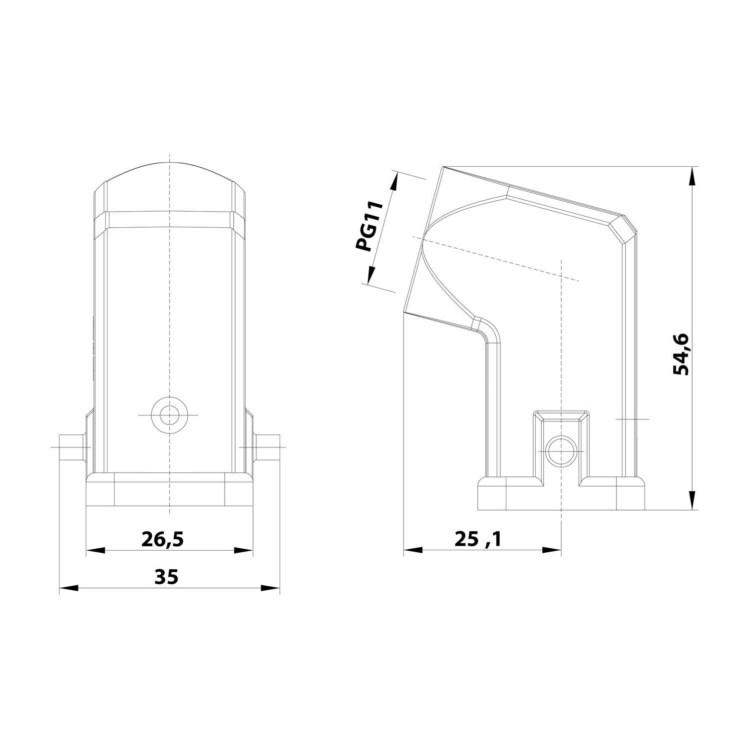 HARTING Han 3A Tüllengehäuse ohne eingeklebte Dichtung, 1xPG11 seitlicher Kabelabgang, für 1 Bügel (am Unterteil)