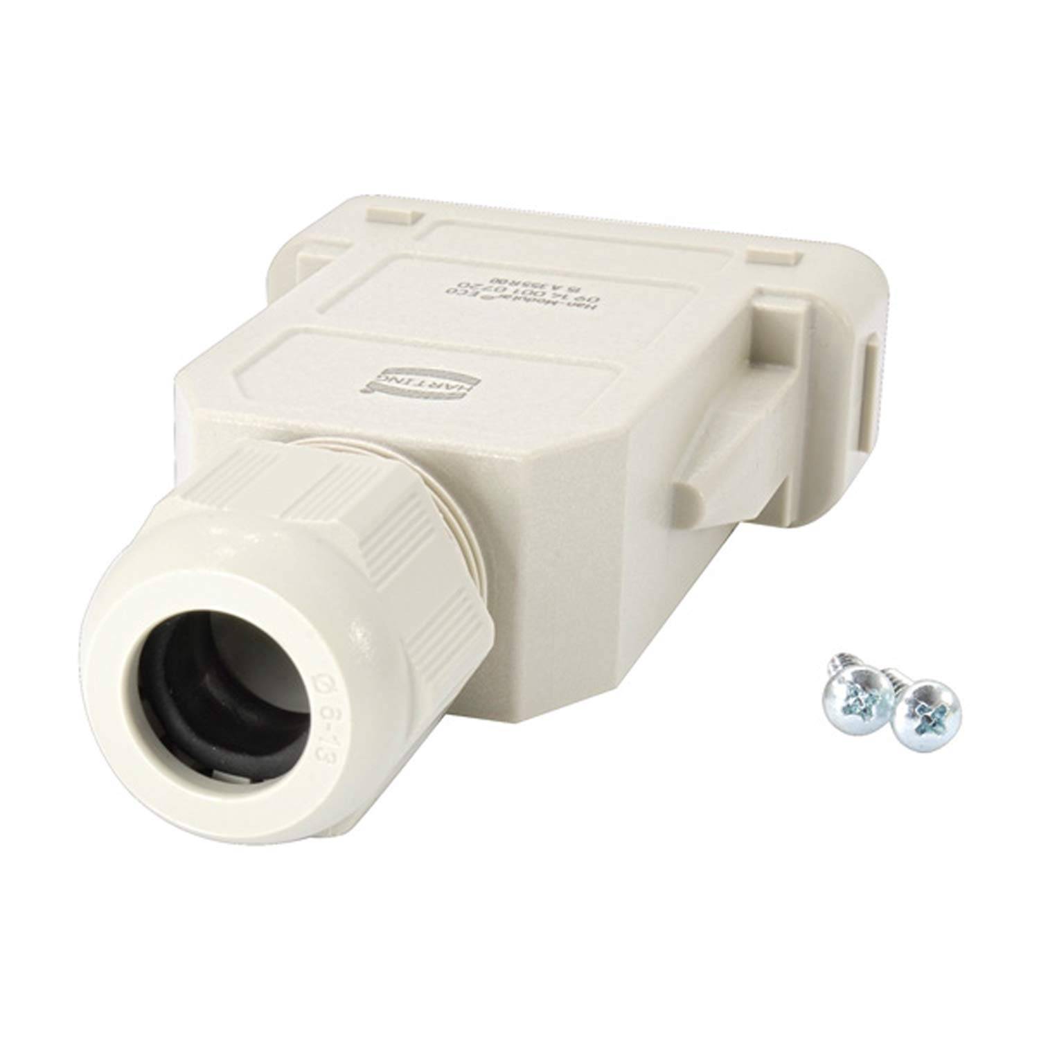 Weißer wasserdichter Elektrostecker mit zwei daneben gezeigten Schrauben auf einfachem Hintergrund.