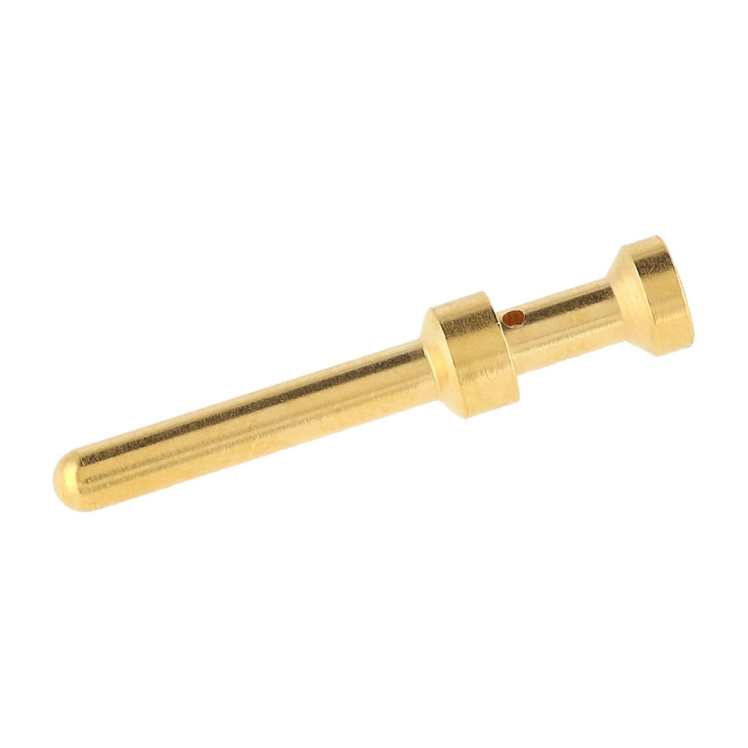 Goldfarbener Metallstift oder Stecker mit langem Schaft und verbreitertem Flanschende, gezeigt vor einfachem weißem Hintergrund.