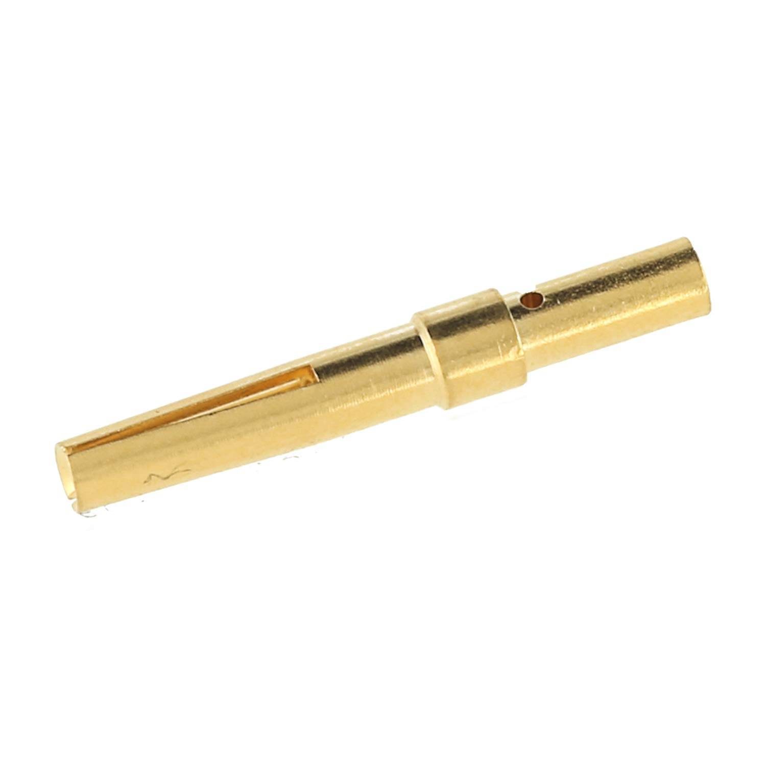 Vergoldeter metallischer zylindrischer Steckerstift mit Schlitzspitze und Seitenloch auf weißem Hintergrund.