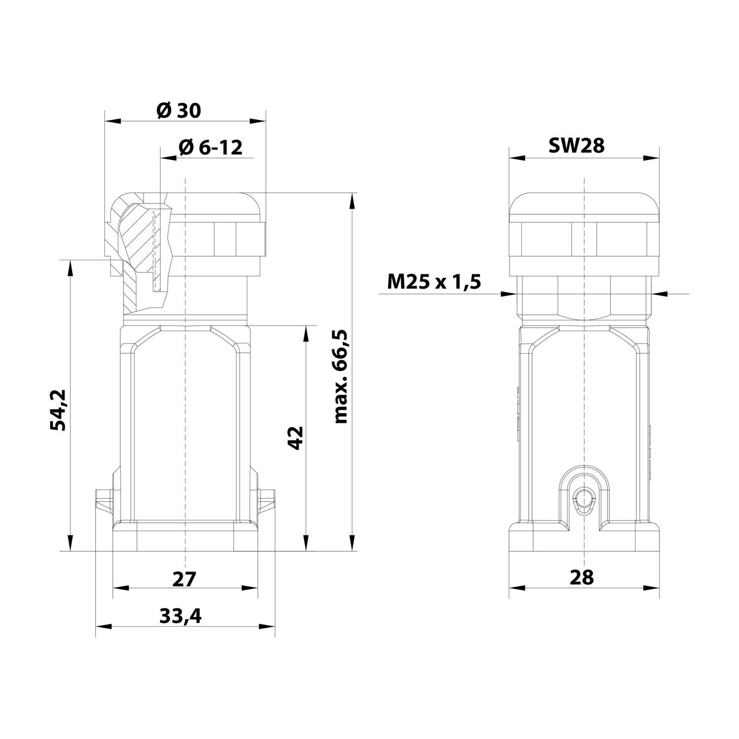Technische Zeichnung einer zylindrischen Komponente dargestellt in Seiten- und Vorderansicht, mit Abmessungen gekennzeichnet Ø30, Ø6-12, SW28, M25 x 1,5, 54,2, 42, max. 66,5, 27, 33,4 und 28.