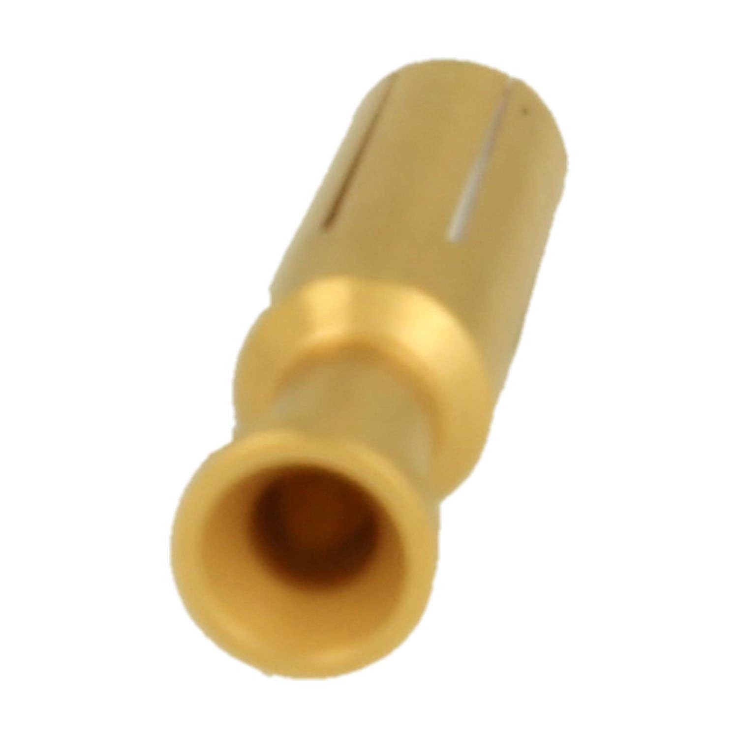 Nahaufnahme eines goldfarbenen zylindrischen Elektrostecker-Steckers mit hohlem Mittelteil auf weißem Hintergrund.