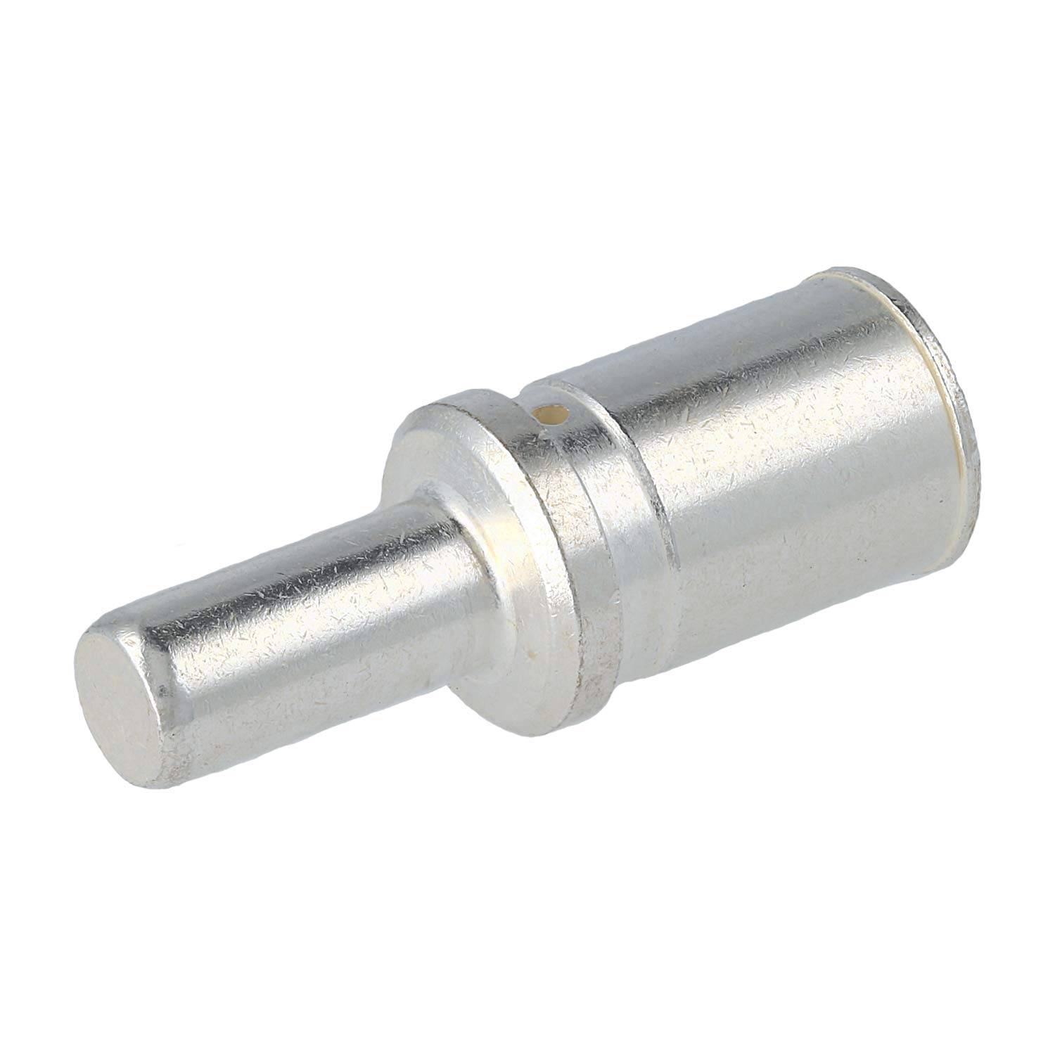 Ein silberner Metallstecker oder Stift mit zylindrischer Form und einem gestuften Mittelteil auf weißem Hintergrund.