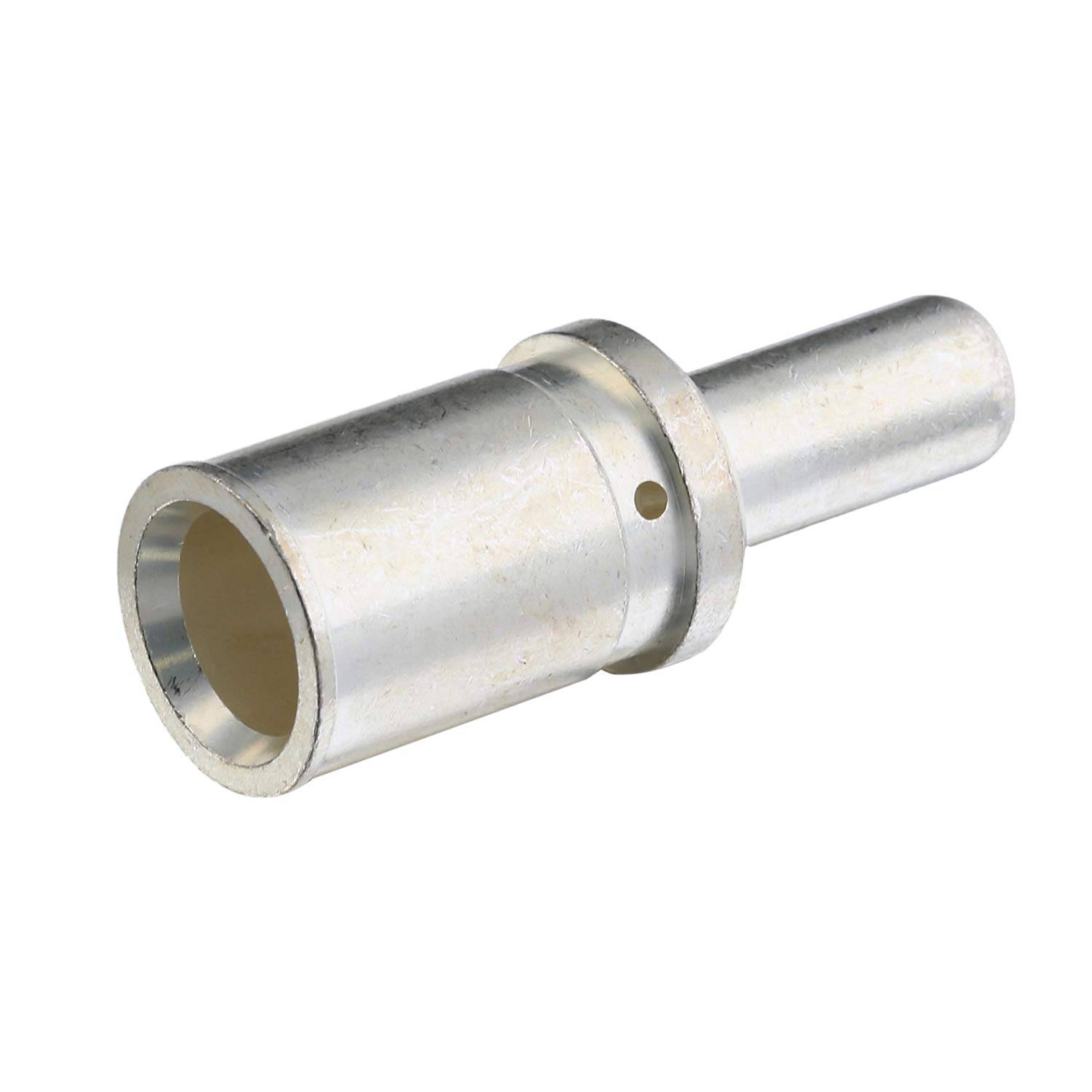 Silber-Metallzylinderleitungs-Verbindungsstück mit Seitenloch und Flanschbund auf weißem Hintergrund