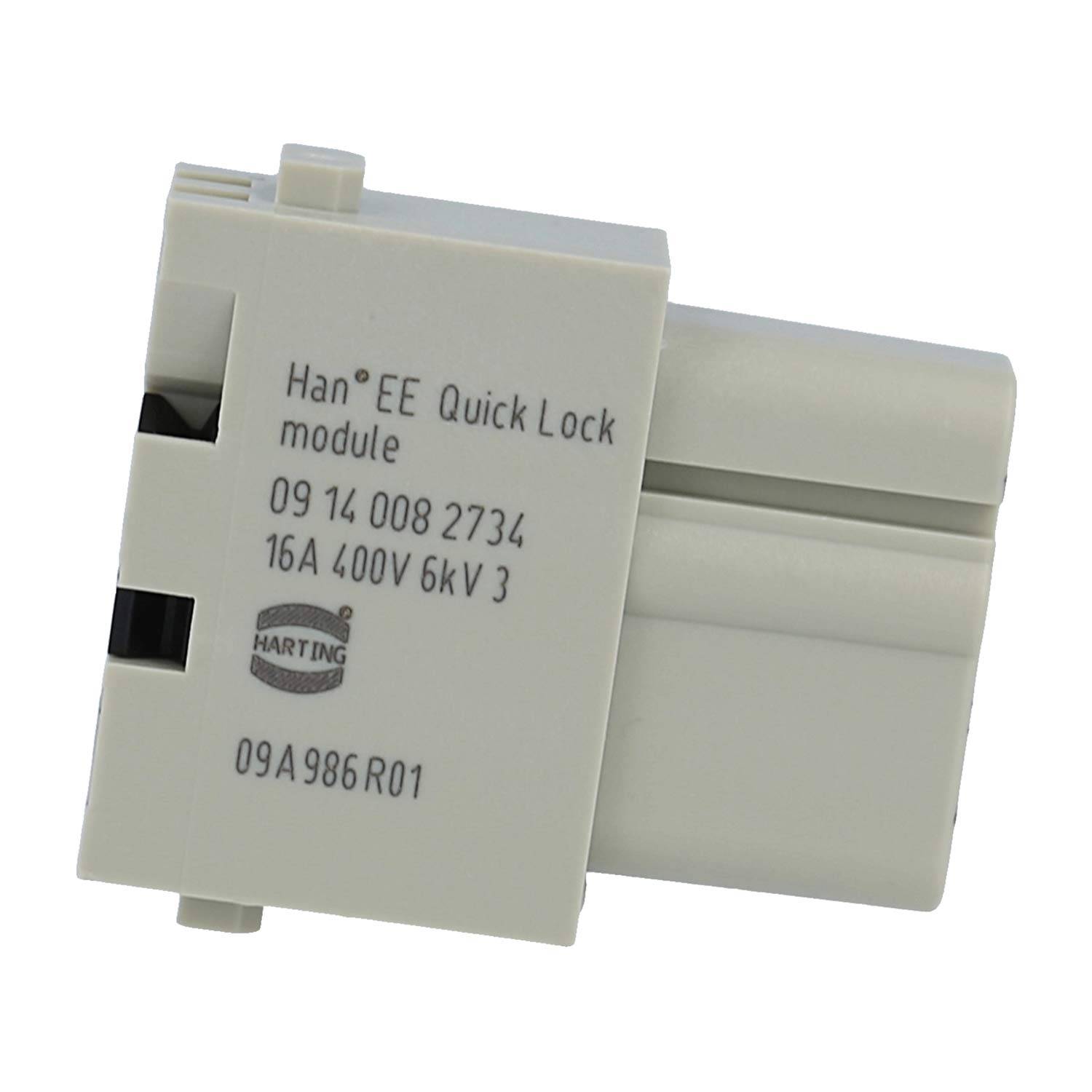 Weiße HARTING Han EE Quick Lock Modulsteckverbinder mit gedruckten Produktcodes auf neutralem Hintergrund.