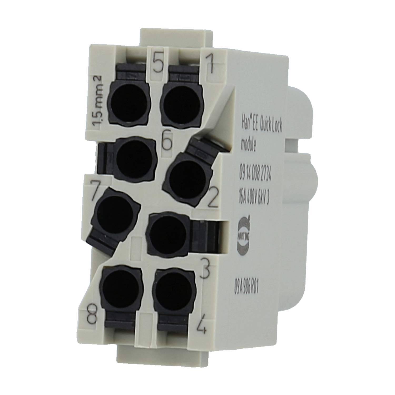Nahaufnahme einer Elektroklemme mit acht nummerierten Drahtöffnungen, gekennzeichnet für eine 1,5 mm² Verbindung und Spannungsbewertungen.