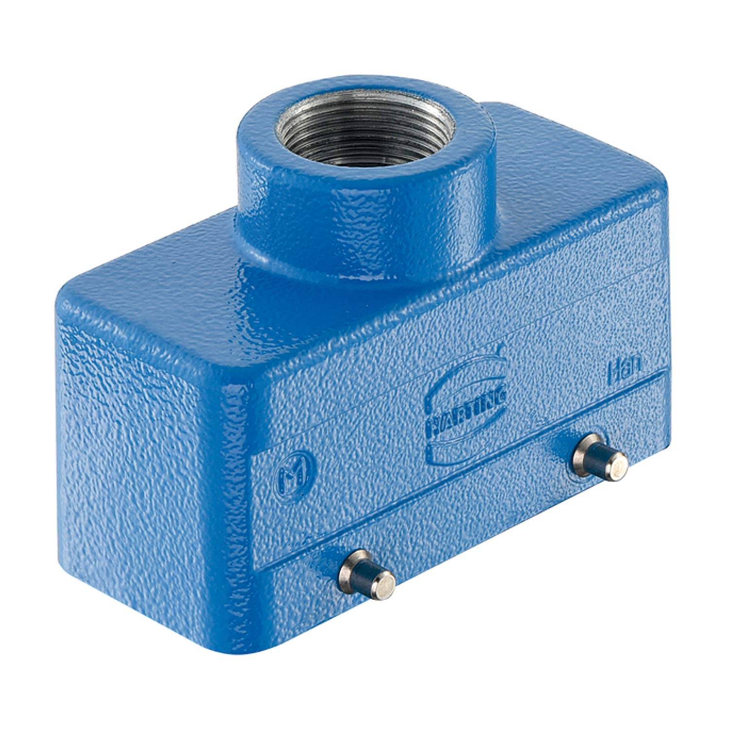 Blaue rechteckige Metall-Elektroverteilerdose mit gewindelter oberer Öffnung und zwei kleinen Seitenklemmen auf weißem Hintergrund.