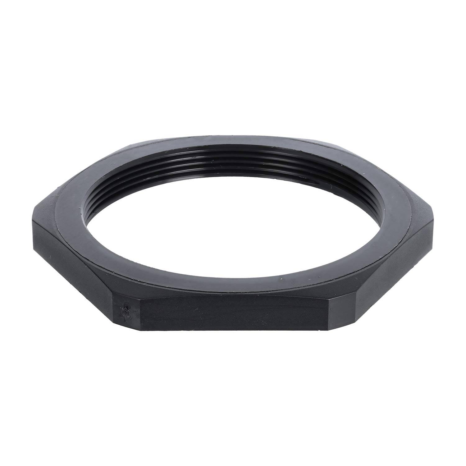 Schwarze sechskantige Gewindesicherungsmutter oder Ring auf weißem Hintergrund.