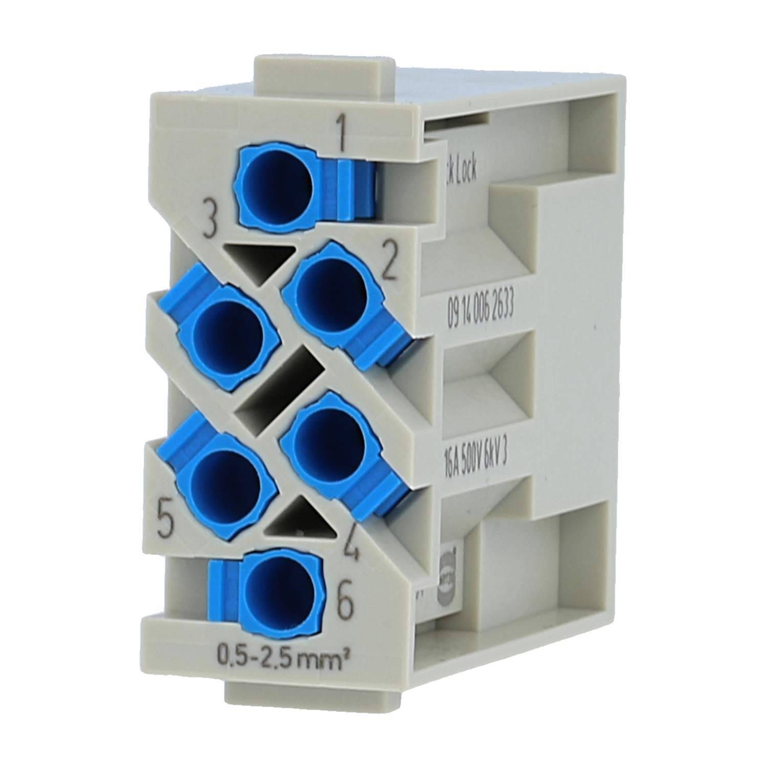 Nahaufnahme einer grauen Electrical Terminal Block mit sechs blauen Anschlussports, nummeriert von 1–6 und gekennzeichnet für Kabel mit 0,5–2,5 mm² Querschnitt.