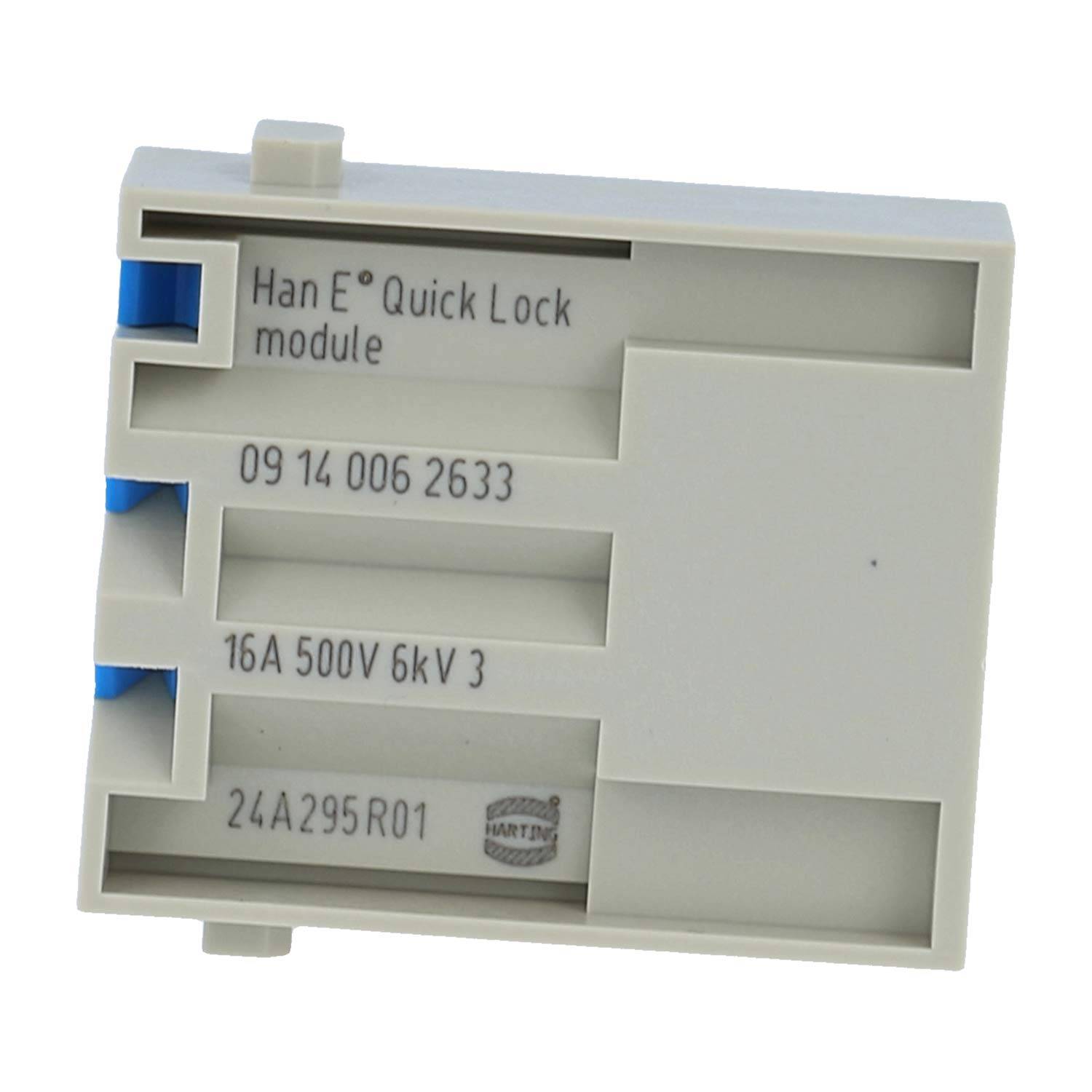 Weiße Han E Quick Lock Modulverbinder-Gehäuse mit gekennzeichneten Steckplätzen und blauen Seitenklemmen.