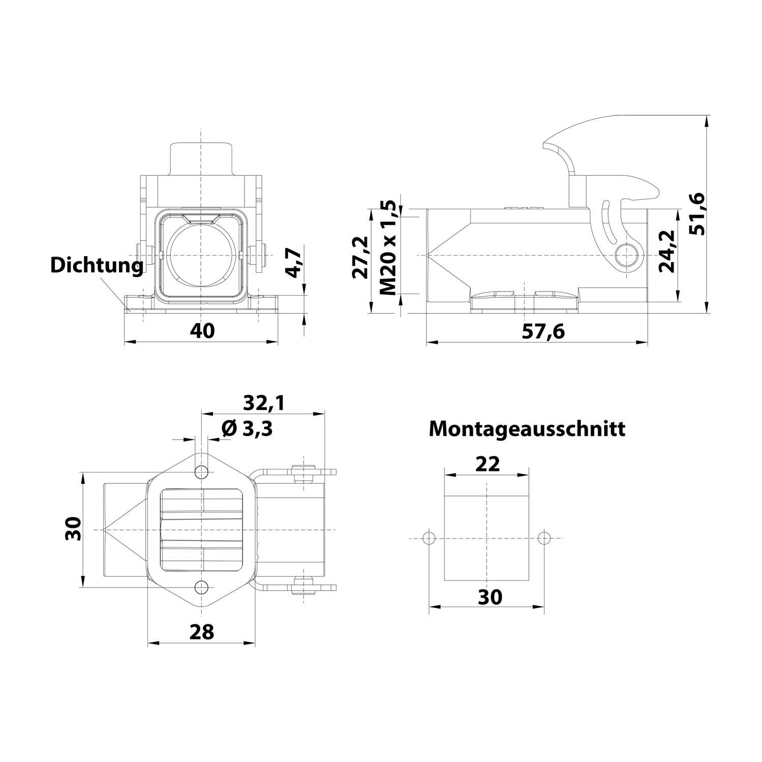 HARTING Han 3A Sockelgehäuse mit offenem Boden, 1xM20 gerader Kabelabgang, mit 1 Bügel Verschraubung M20 Klemmbereich