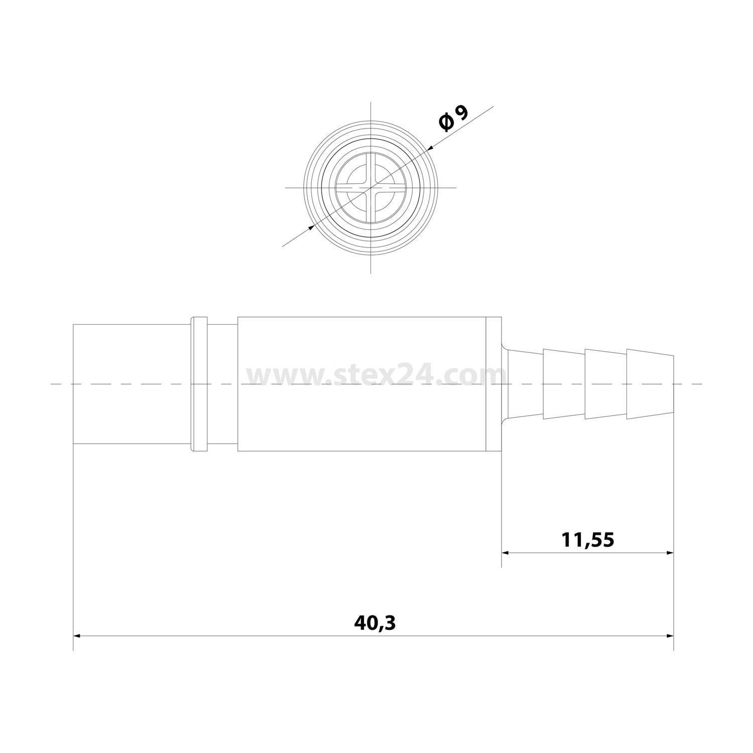 Technische Zeichnung einer zylindrischen Armatur mit abgestuftem Konus, mit Vorder- und Seitenansicht mit Abmessungen 40.3, 11.55 und Durchmesser 9.
