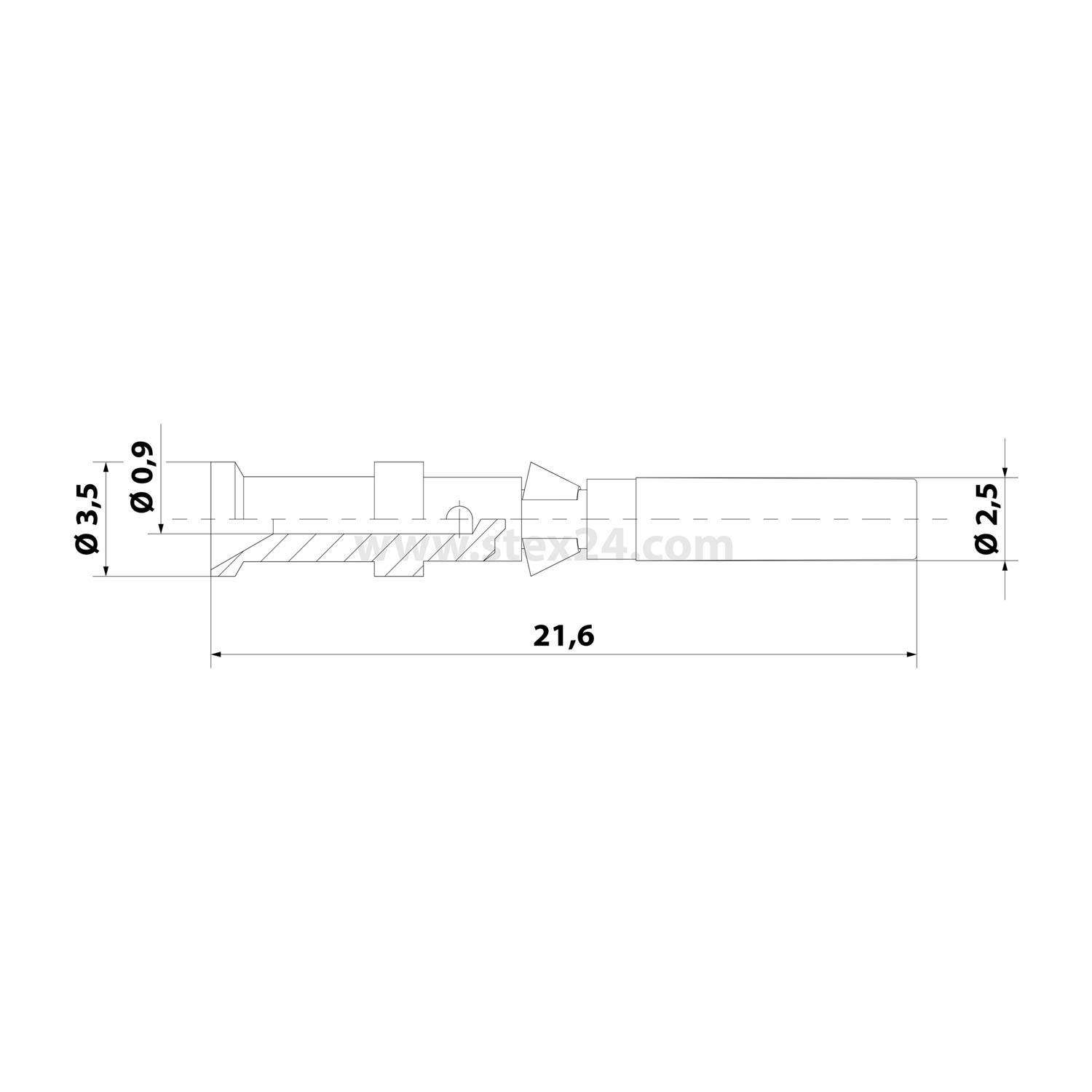 Technische Strichzeichnung eines kleinen zylindrischen Steckers oder Stifts, der ein Seitenprofil mit Abmessungen zeigt: 21,6 Länge, 3,5, 0,9 und 2,5 Durchmesser.