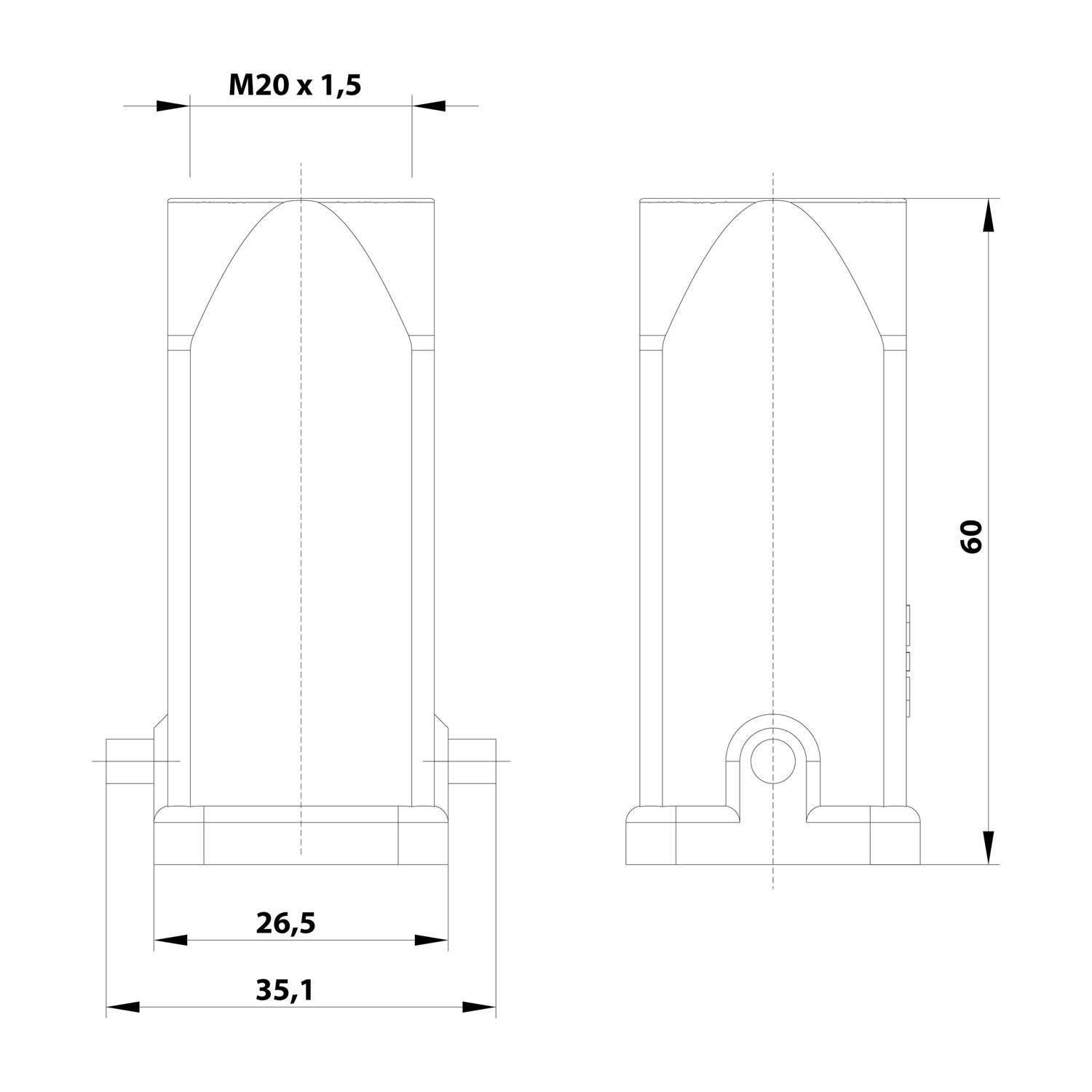 HARTING Han 3A Tüllengehäuse ohne eingeklebte Dichtung, 1xM20 gerader Kabelabgang, für 1 Bügel (am Unterteil)