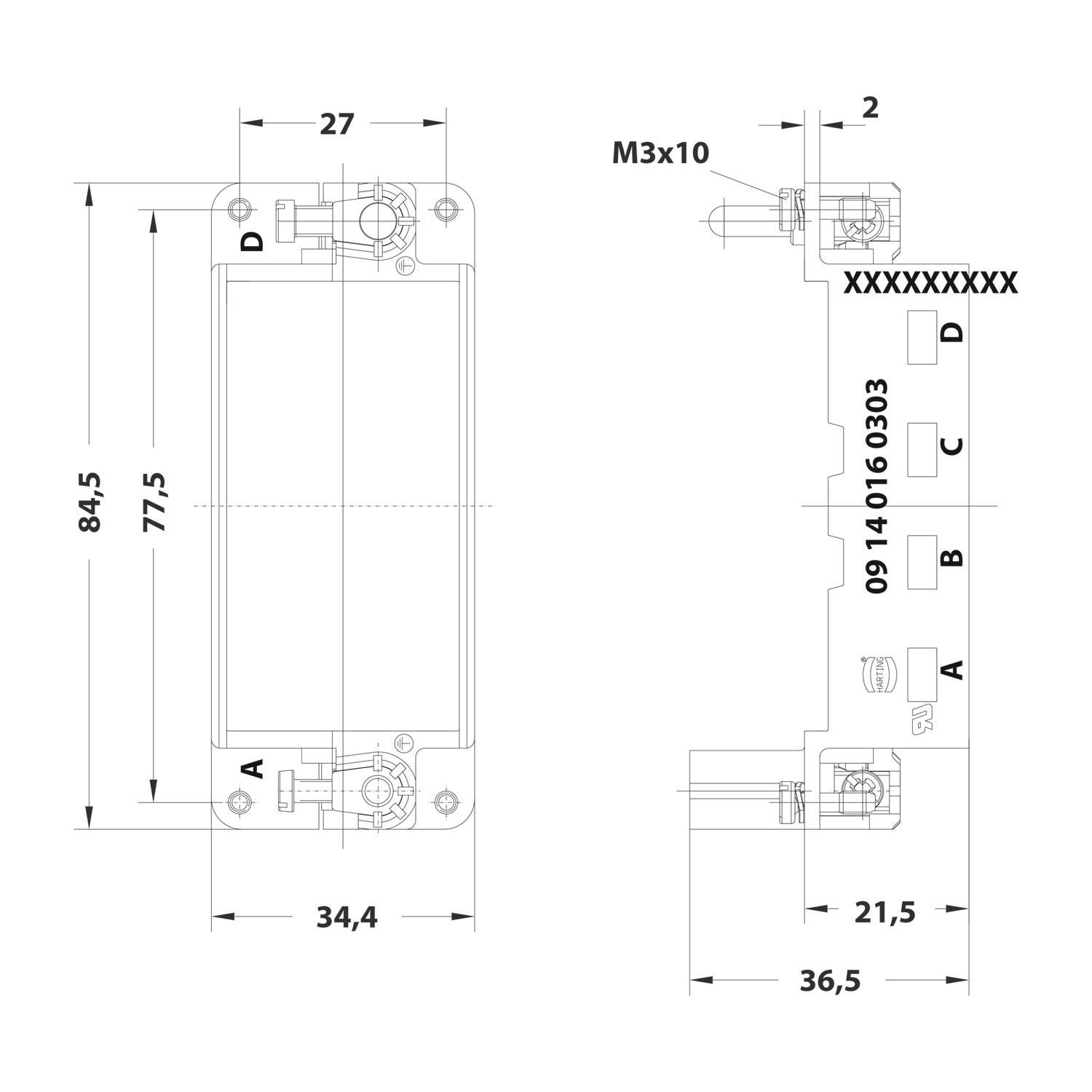 HARTING Han Gelenkrahmen (M), Baugröße 16B Stift, für 4 Module Querschnitt PE 1mm² - 2,5mm² / 4mm² - 10mm²