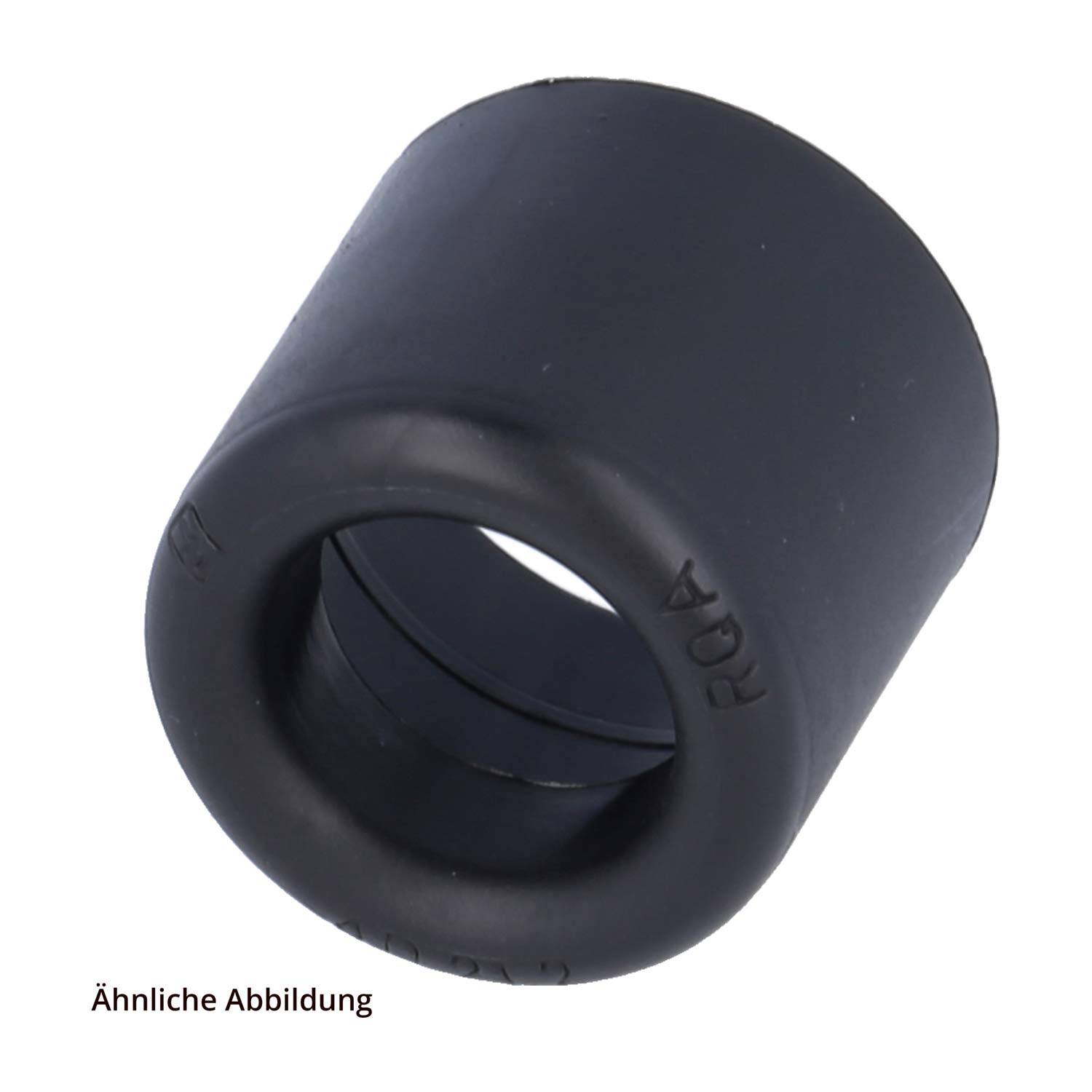 Schwarze zylindrische Gummibuchse oder Dichtring auf weißem Hintergrund dargestellt, mit einem angewinkelten hohlen Mittelteil und dem Text „Ähnliche Abbildung
