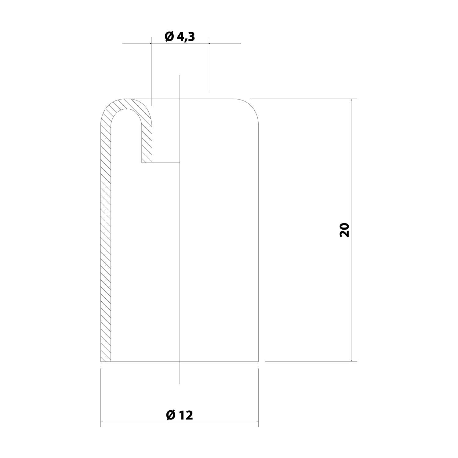 Technische Querschnittszeichnung eines kleinen zylindrischen Teils mit den Abmessungen Ø4,3 obere Öffnung, Ø12 Basis und 20 Höhe.
