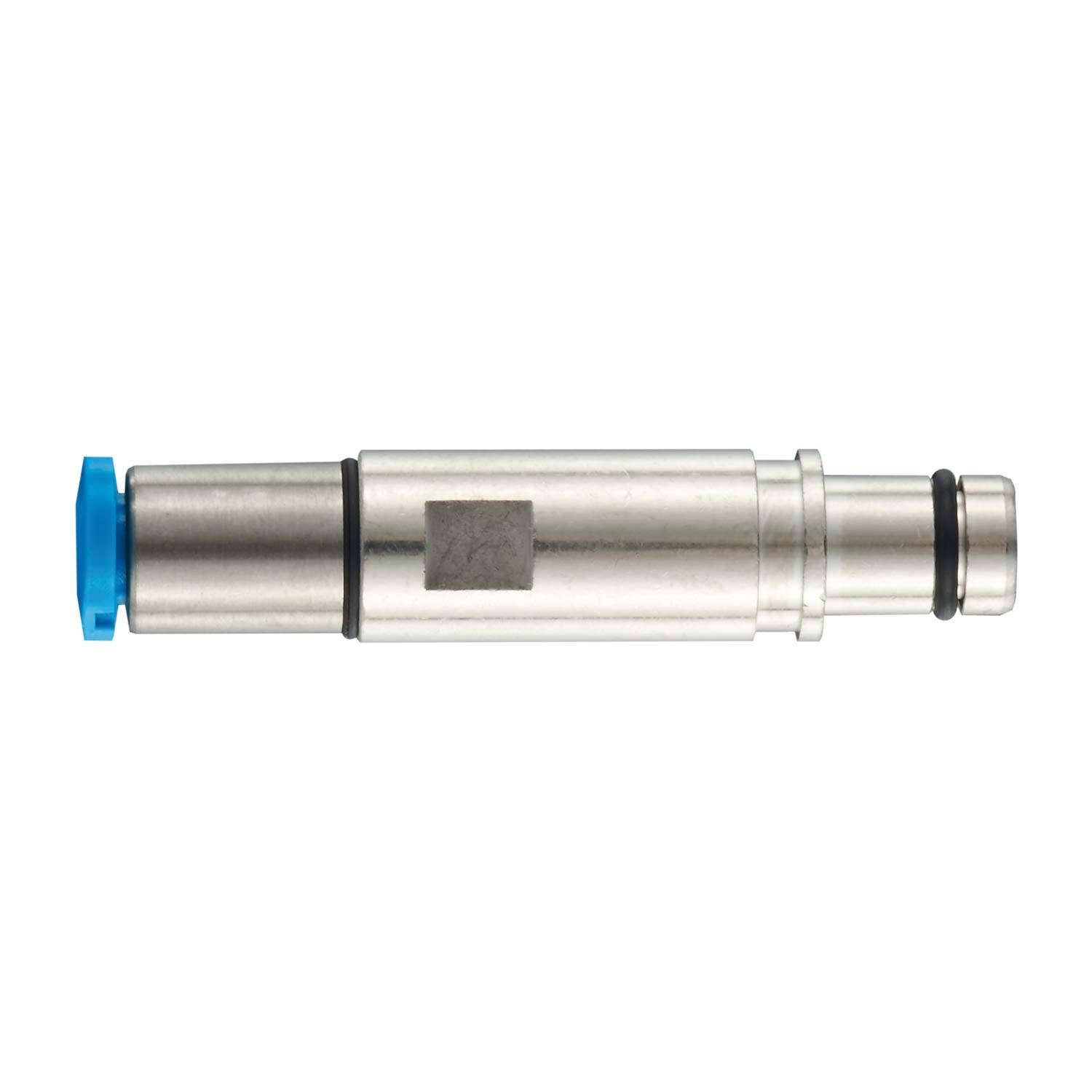 Eine zylindrische Metallkomponente mit einer blauen Kappe an einem Ende und schwarzen O-Ringen, dargestellt auf weißem Hintergrund.