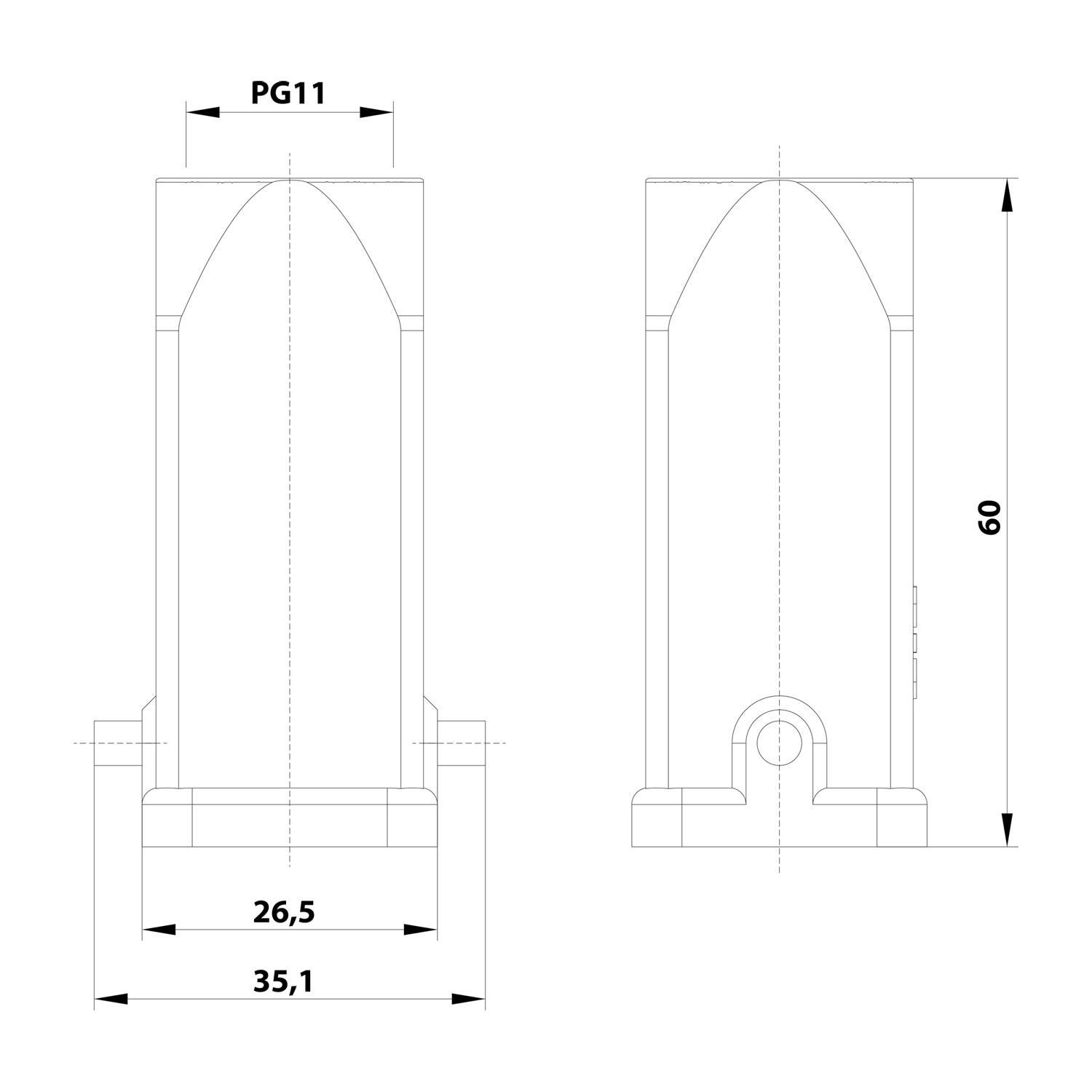 HARTING Han 3A Tüllengehäuse ohne eingeklebte Dichtung, 1xPG11 gerader Kabelabgang, für 1 Bügel (am Unterteil)