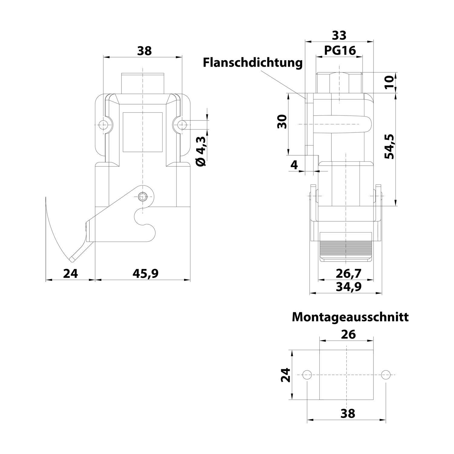 HARTING Han Q Sockelgehäuse, 1xPG16 seitlicher Kabelabgang, mit 1 Bügel Halbverschraubung Klemmbereich