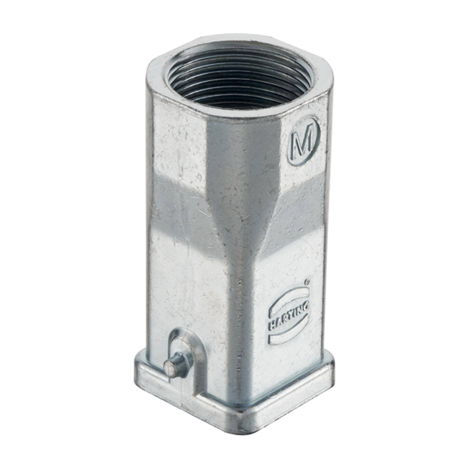 Silber-Metallgewinde-Rohrsteckverbinder mit sechskantigem Gehäuse und Basis, isoliert auf weißem Hintergrund dargestellt.