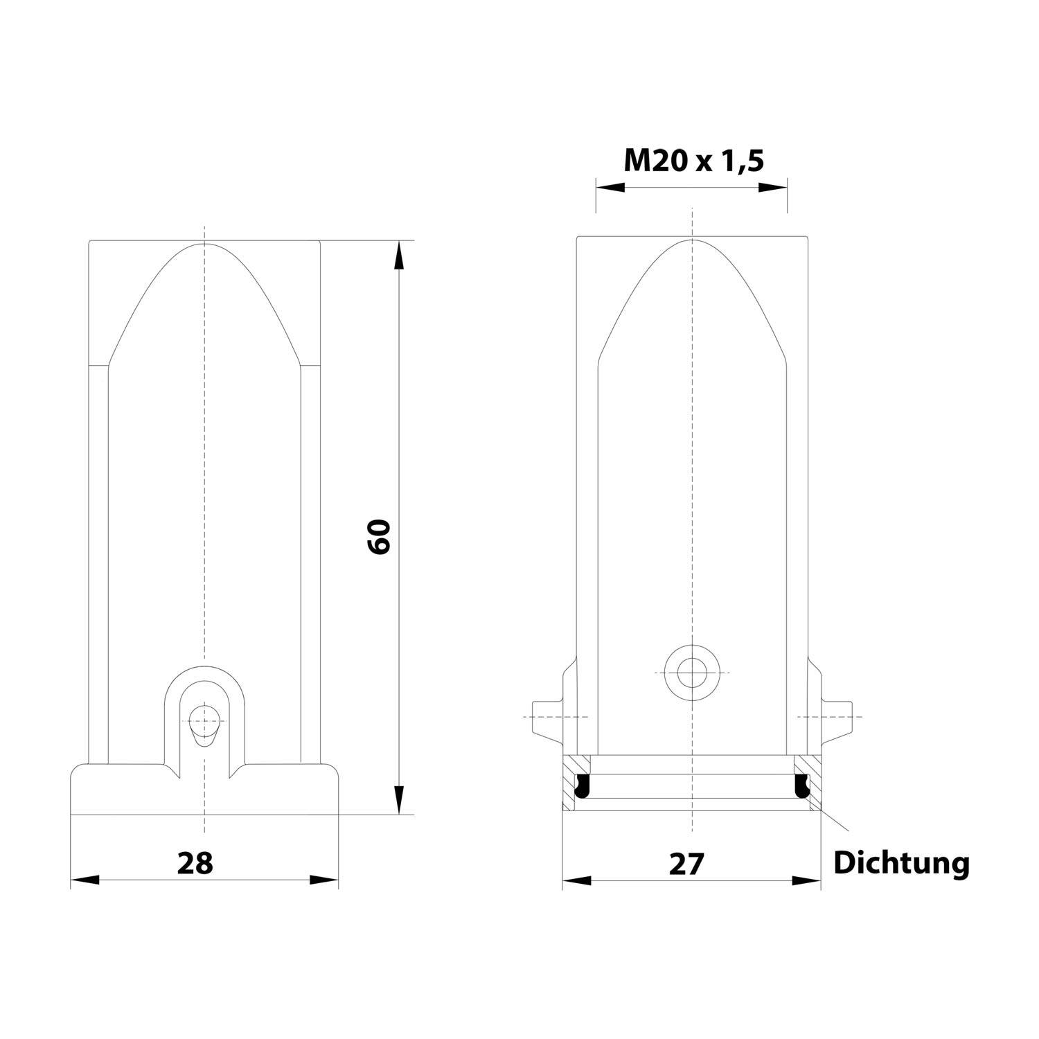 Technische Zeichnung eines zylindrischen Bauteils mit den Abmessungen 60 hoch, 28 breit, 27 Basisbreite, M20 x 1,5 Gewinde und Position der Dichtung.