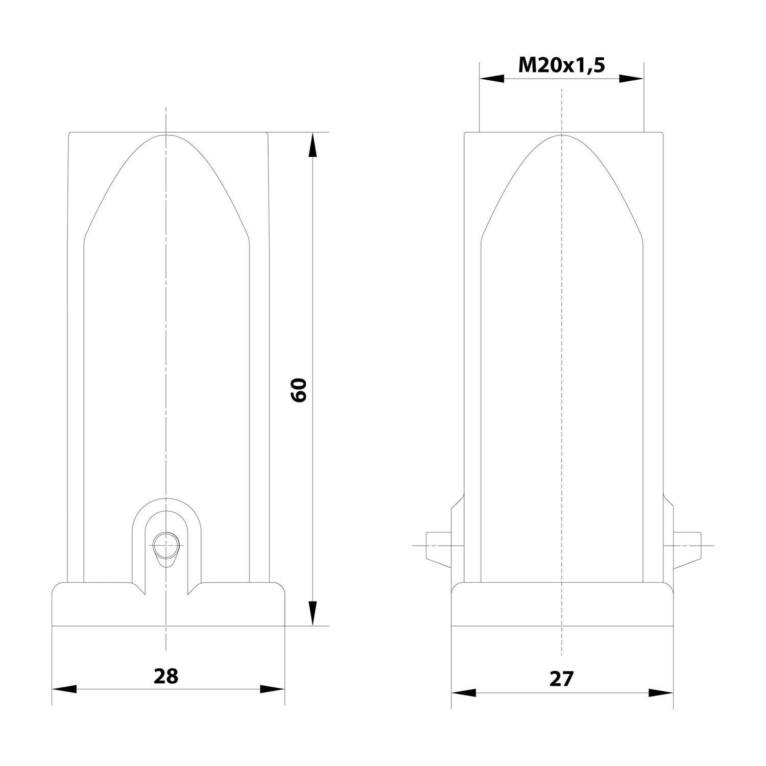 Technische Zeichnung eines zylindrischen Teils mit Vorder- und Seitenansicht mit Abmessungen von 60 mm Höhe, 28/27 mm Breite und oben angegebenes Gewinde mit M20x1,5.