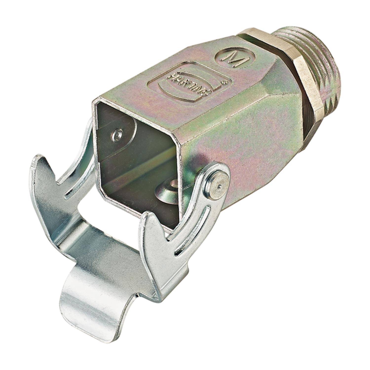 Metallischer Elektrokabelstecker mit Gewinde am Ende und Federklemme, dargestellt auf weißem Hintergrund.