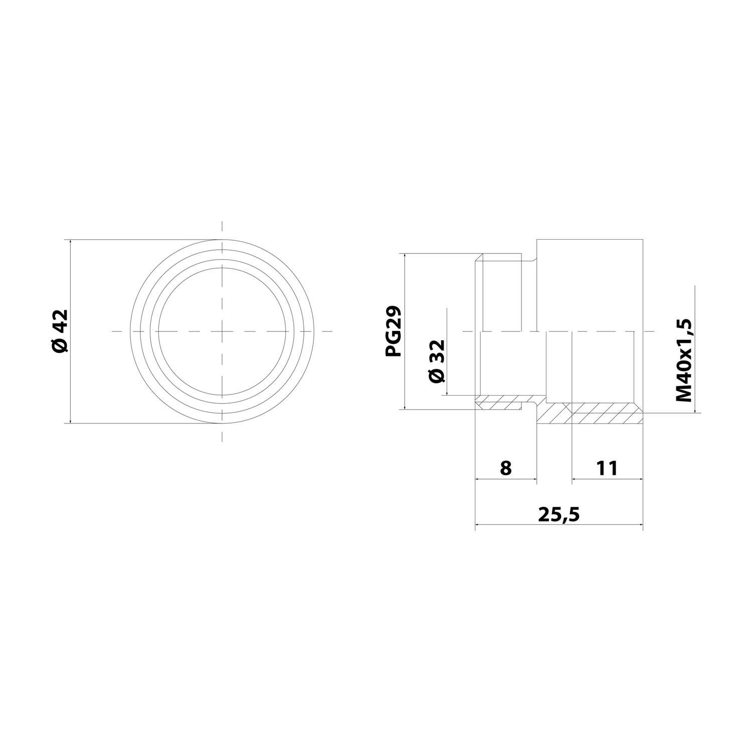Technische Maßzeichnung einer kreisförmigen Gewindekomponente mit Vorder- und Seitenansicht mit Maßen Ø42, Ø32, PG29, M40x1,5 und Längen 8, 11 und 25,5.