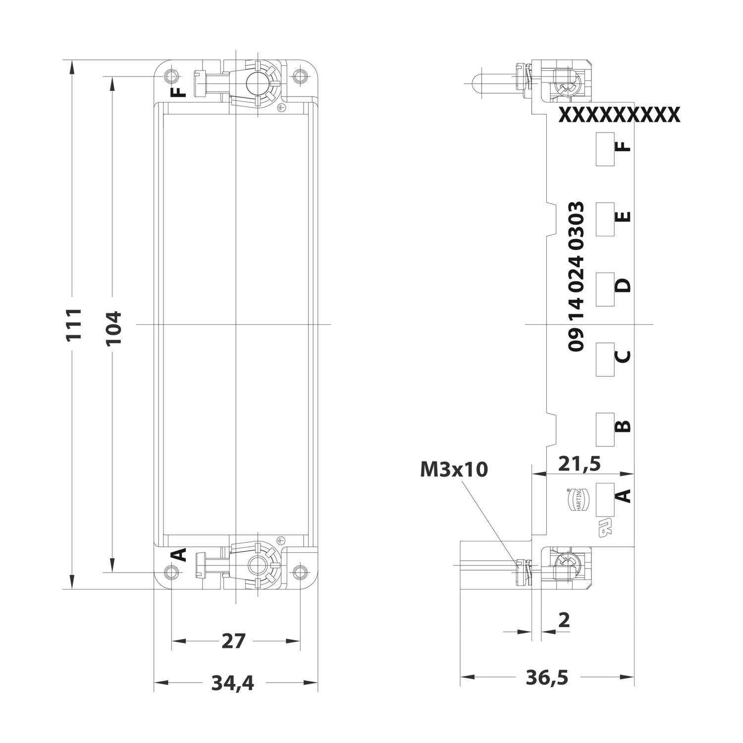 HARTING Han Gelenkrahmen (M), Baugröße 24B Stift, für 6 Module Querschnitt PE 1mm² - 2,5mm² / 4mm² - 10mm²